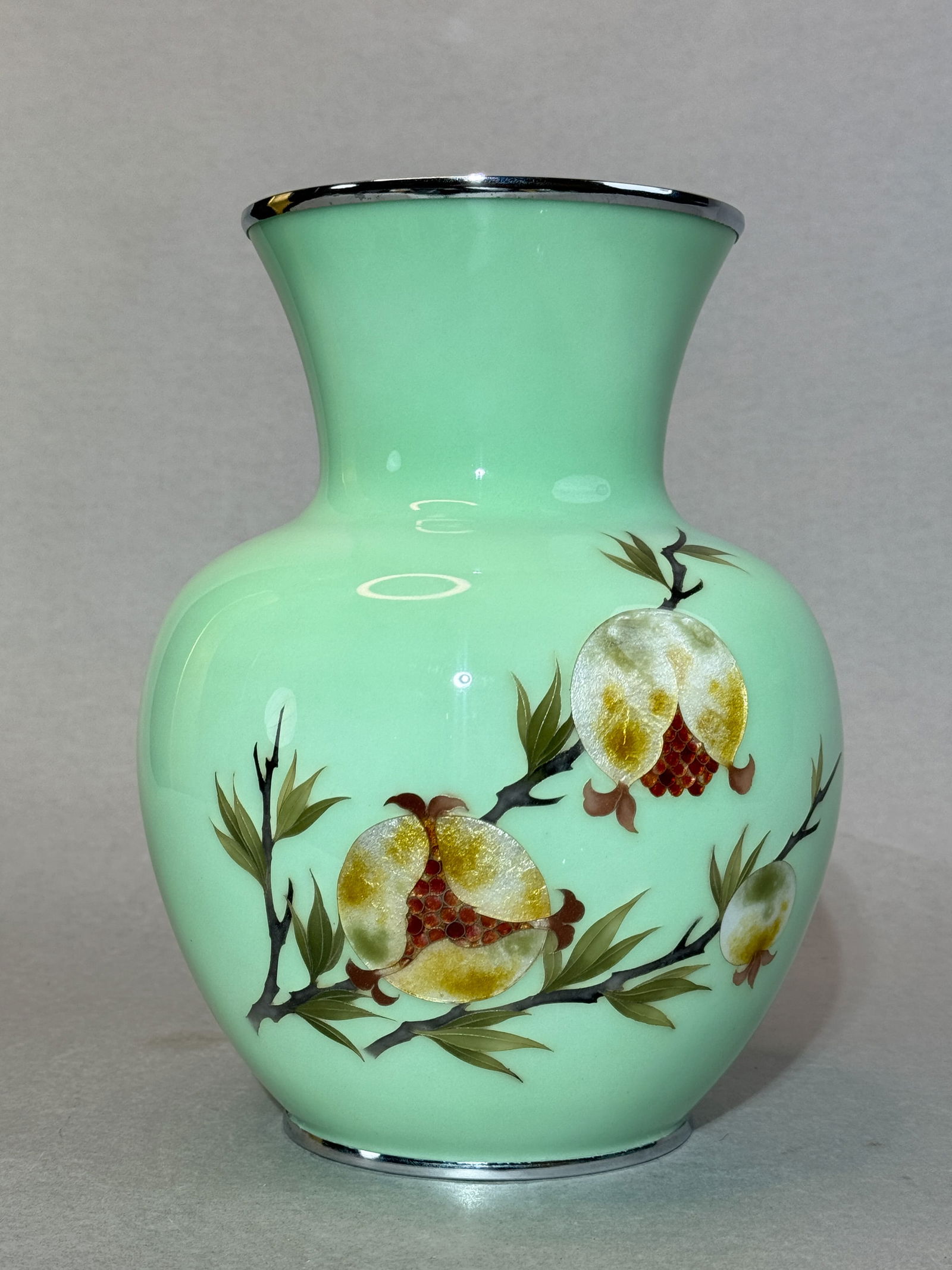 JAPANESE CLOISONNE VASE WITH FRUIT: Japanese cloisonne vase with fruit scene. Dimensions: Height: 9 in. Note: This item is in New York, where it can be shipped from.