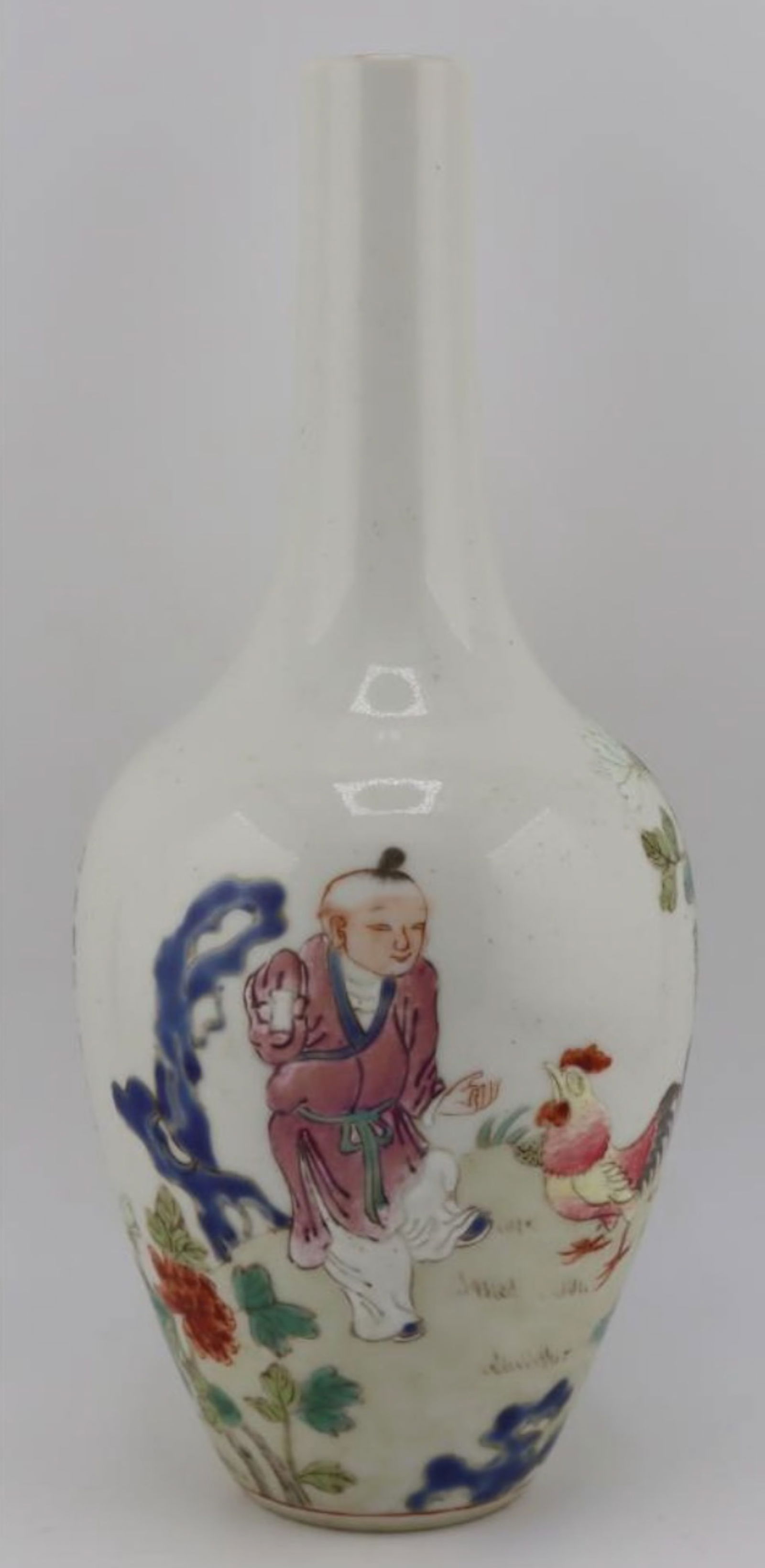 CHINESE FAMILLE ROSE PORCELAIN VASE WITH POEM: Chinese Famille Rose porcelain vase with boy rooster scene, poem on the reverse. Dimensions: Height: 7.25 in. Note: This item is in New York, where it can be shipped from.