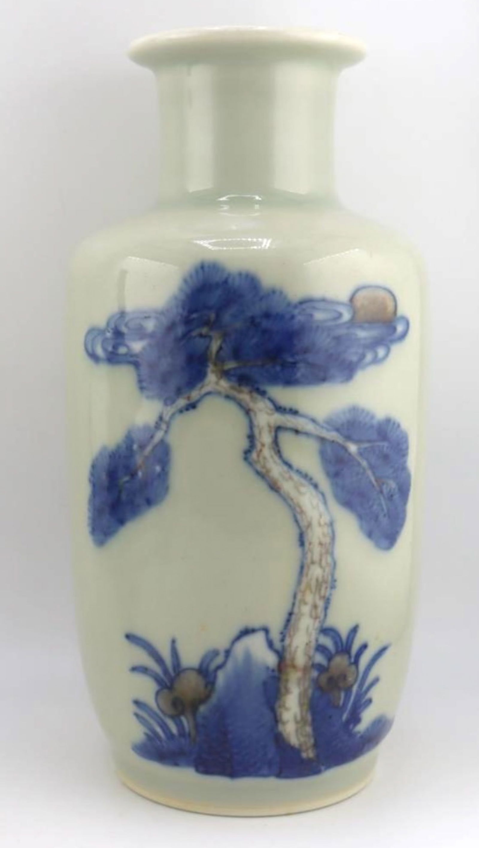 CHINESE CELADON PORCELAIN VASE WITH PINE DEER SCENE: Chinese celadon porcelain vase with pine and deer scene, unmarked. Dimensions: Height: 8 in. Note: This item is in New York, where it can be shipped from.