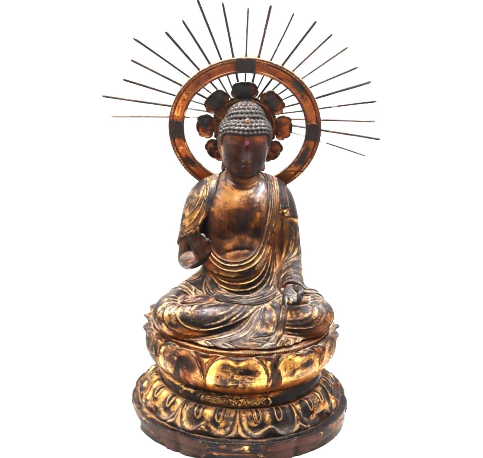 JAPANESE EDO PERIOD LACQUERED WOOD BUDDHA: Japanese lacquered wood Buddha, Edo period. Nice wood Buddha with gold lacquer, losses of the lacquer and wood. Dimensions: Buddha Height: 13.75 in. Overall Height: 26 in. Diameter: 14 in. Note: This
