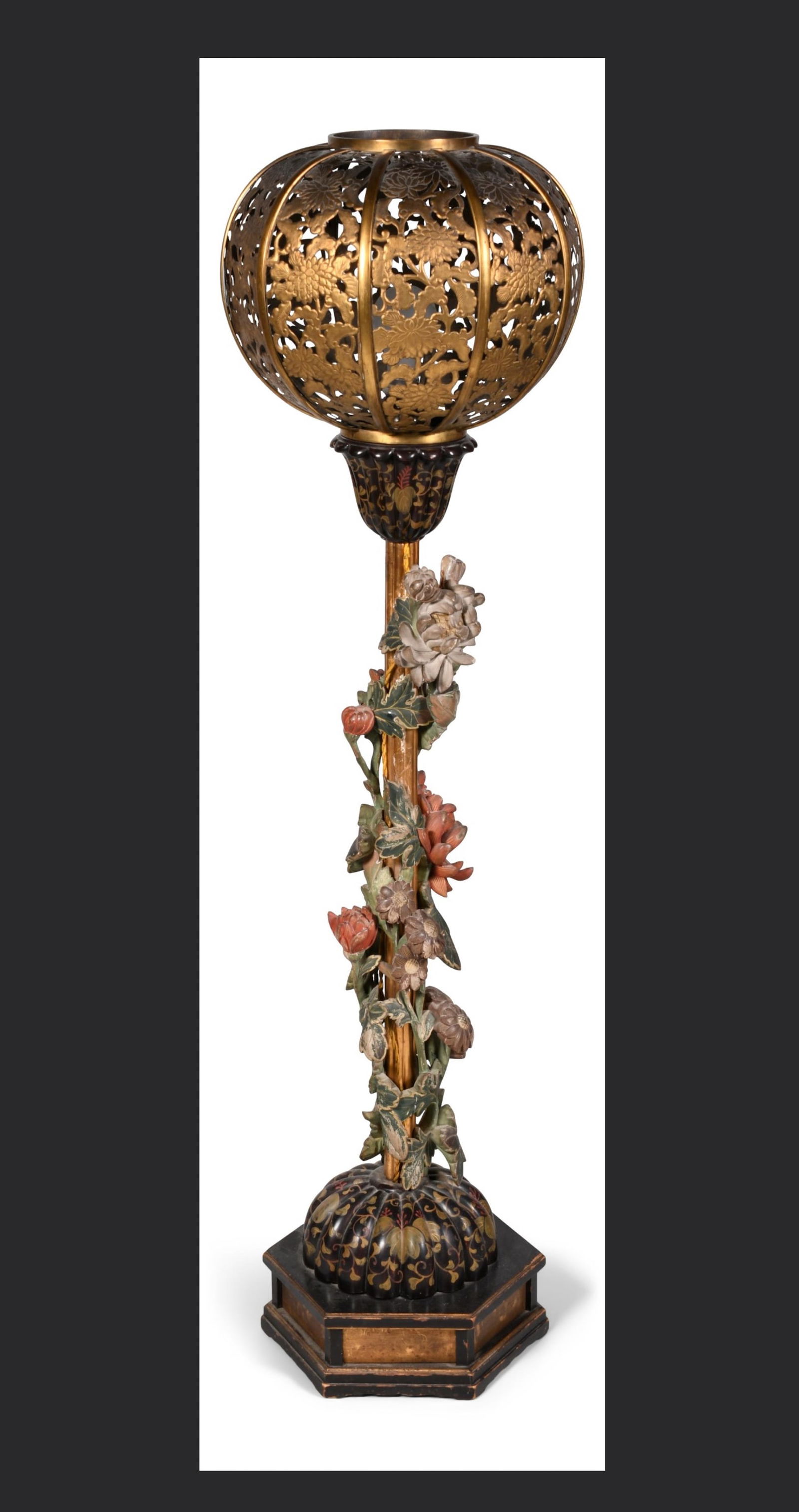 JAPANESE MEIJI CARVED WOOD AND BRASS LANTERN: Antique Japanese lantern, carved and polychrome wood body, gilt brass shade, Meiji period. Electrified in the past, loss of wood. Dimensions: Overall Height: 47 in. Note: This item is in New York, whe