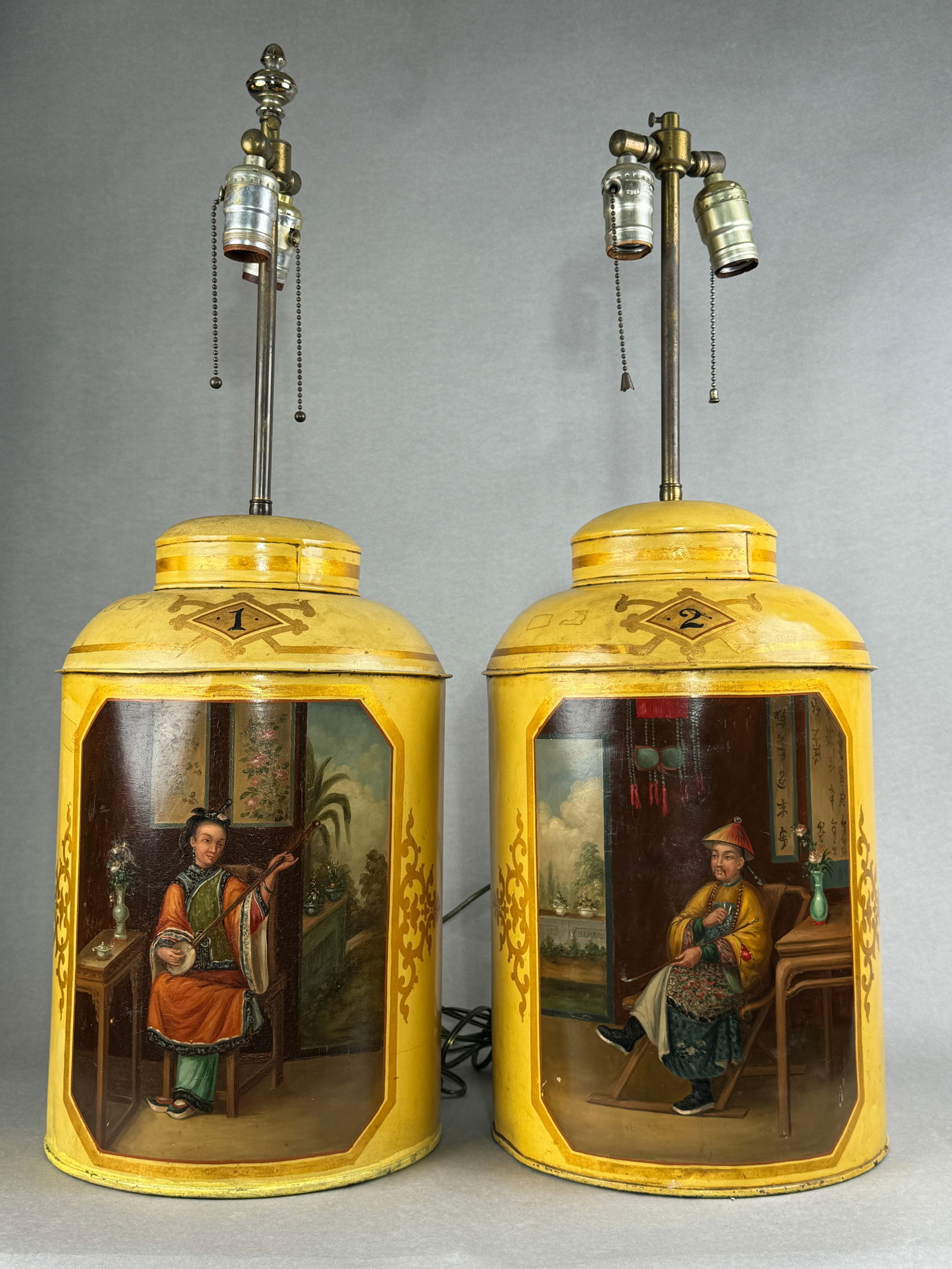 PAIR CHINESE EXPORT TEA CADDY WITH OIL PAINTING: Pair Chinese export tea caddy with oil painting, mounted as lamp. Dimensions: Tea jar Height: 15 in. Overall Height: 28 in. Note: This item is in New York, where it can be shipped from.
