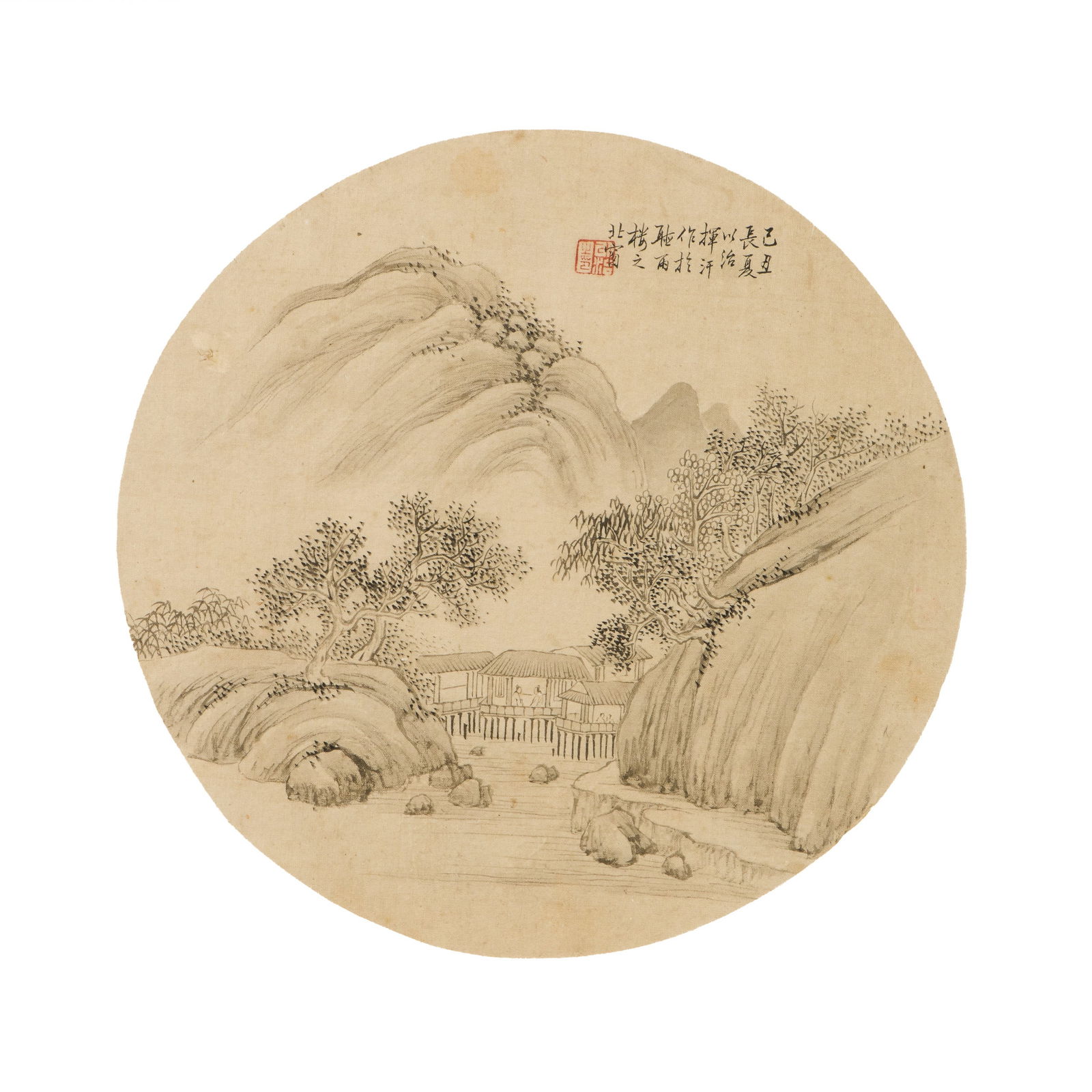 ANONYMOUS (QING DYNASTY) - CHINESE PAINTING OF ROUND FAN: Anonymous (Qing dynasty), Chinese painting of round fan, ink and color on silk, fan leaf, mounted and framed. Image: 9.25"d (23.5 cm)