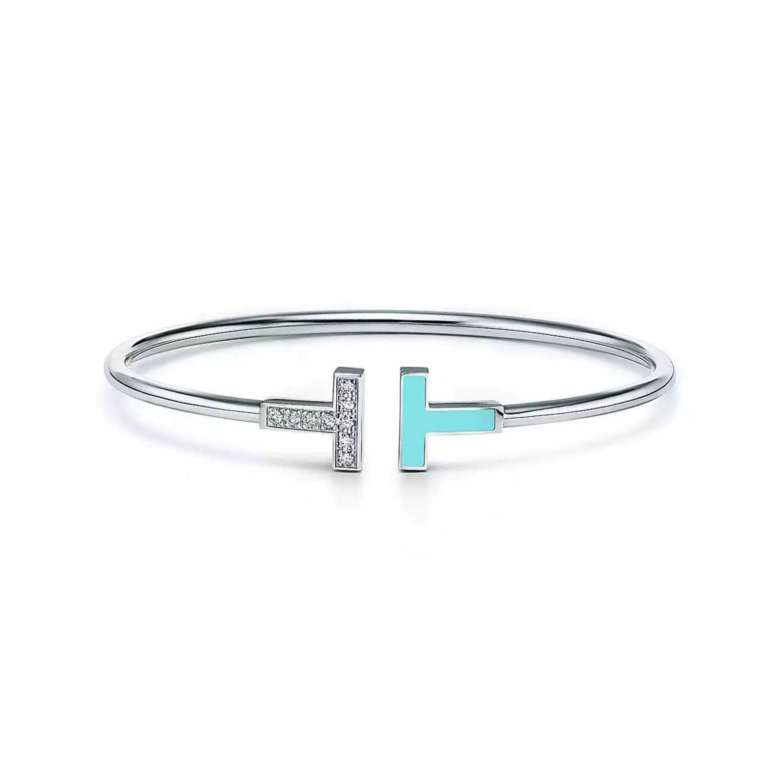 TIFFANY-STYLE T MOTIF DIAMOND AND TURQUOISE ENAMEL BANGLE (1 of 3)