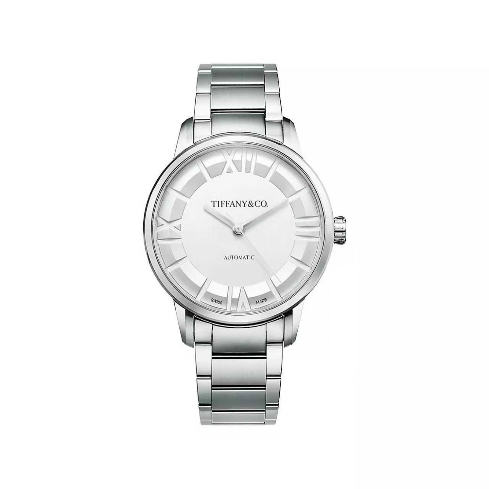 TIFFANY & CO. STAINLESS STEEL AUTOMATIC WRISTWATCH: A Tiffany & Co. wristwatch crafted in stainless steel and fitted with a matching metal bracelet; the round case frames a clean silver-toned dial featuring applied Roman numeral hour markers and polish
