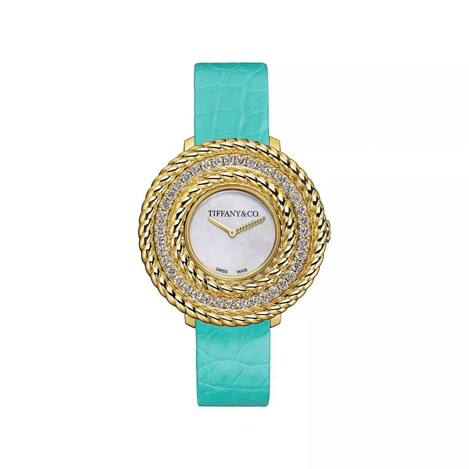 TIFFANY & CO. DIAMOND-SET YELLOW GOLD WRISTWATCH WITH TURQUOISE LEATHER STRAP: A Tiffany & Co. wristwatch featuring a round yellow gold case elaborately decorated with braided-style gold detailing and concentric rows of brilliant-cut diamonds surrounding the dial; the central di