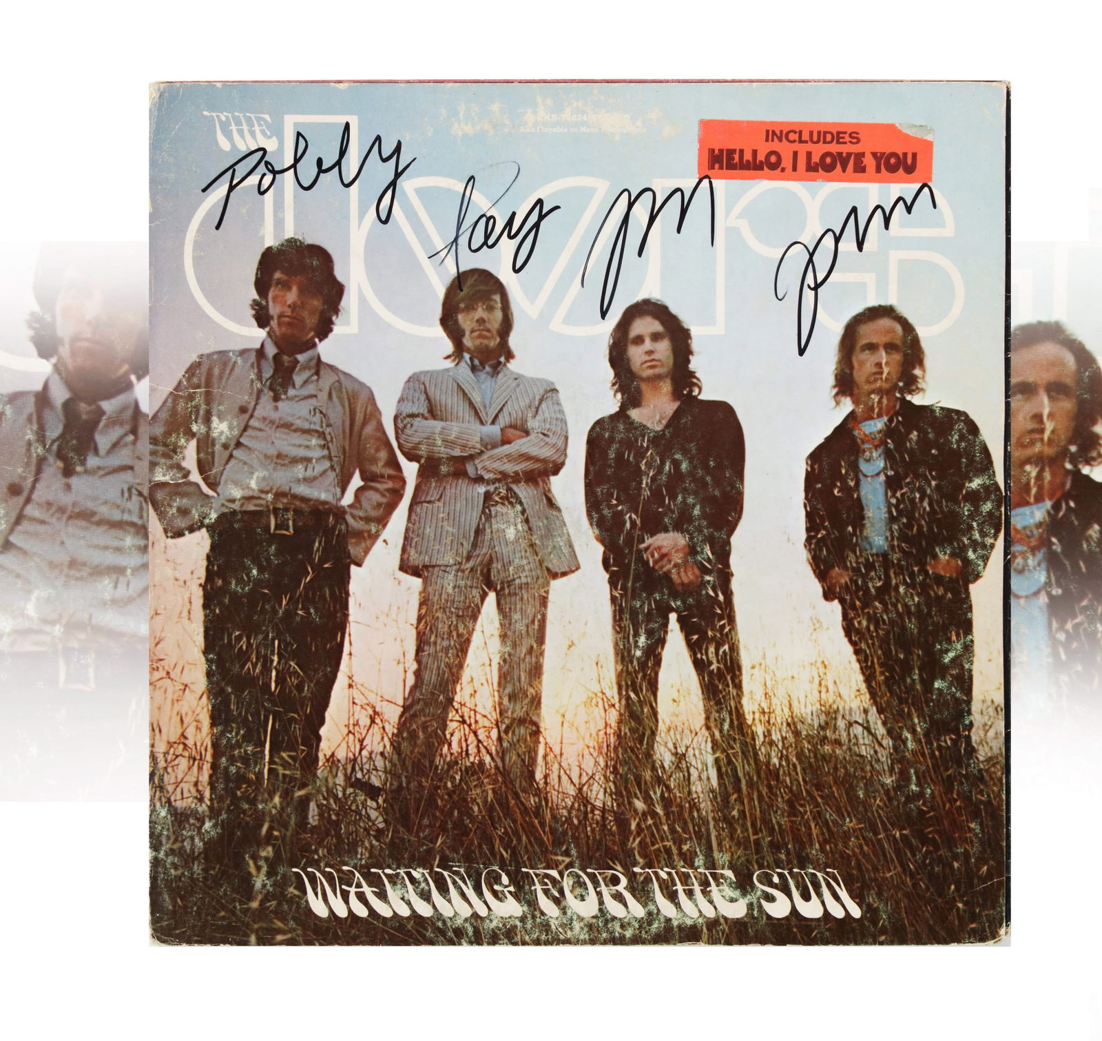 THE DOORS VINYL RECORD WAITING FOR THE SUN (ELEKTRA RECORDS, EKS-74024, STEREO) BEARING FOUR: The album cover exhibits visible age-related wear, including surface scuffing, edge wear, and handling marks consistent with vintage use, while retaining strong color saturation and legible graphics.