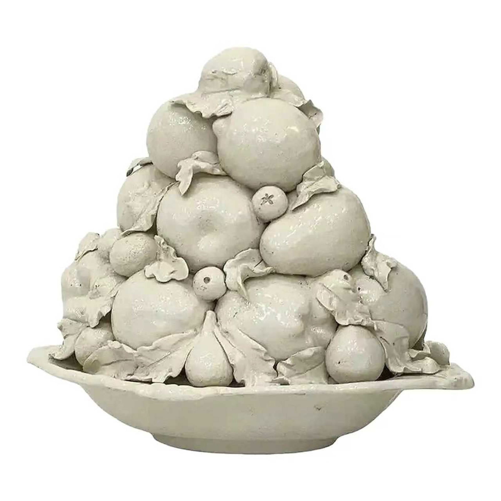 WHITE GLAZED CERAMIC FRUIT PYRAMID CENTERPIECE: A sculptural ceramic centerpiece modeled as a pyramid of assorted fruits arranged upon a shallow platter base; the composition features various rounded fruits-such as apples, pears, and