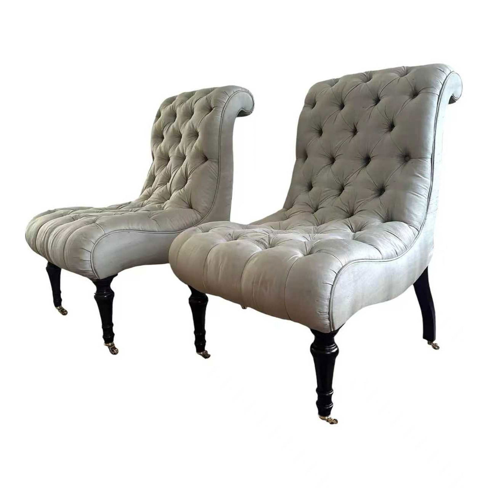 PAIR OF TUFTED UPHOLSTERED SLIPPER CHAIRS WITH TURNED WOOD LEGS (1 of 4)