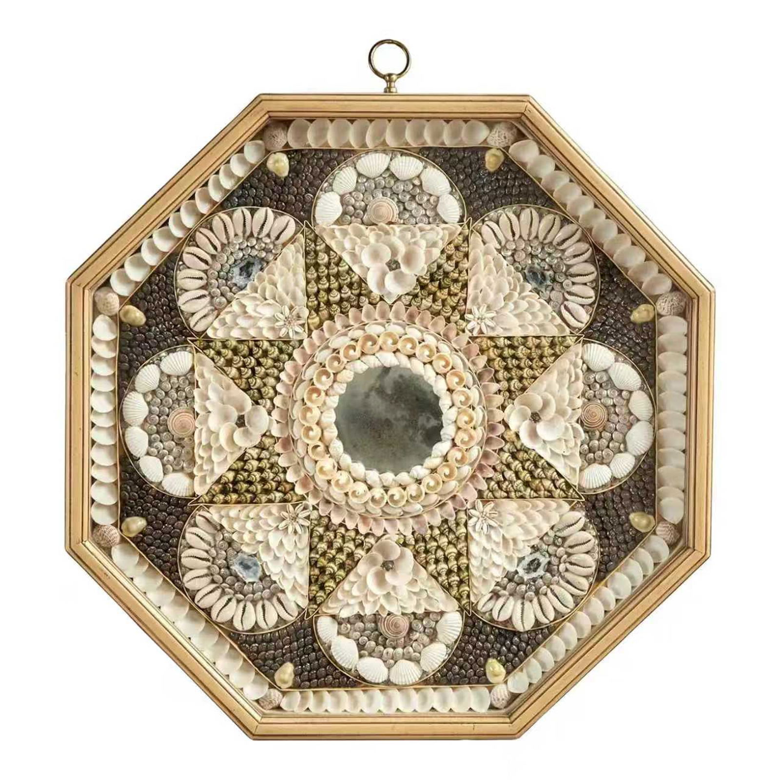 VICTORIAN SHELLWORK OCTAGONAL WALL MIRROR: An octagonal decorative wall mirror elaborately composed of natural shellwork arranged in a symmetrical geometric pattern; the design radiates outward from a central circular mirror plate, featuring