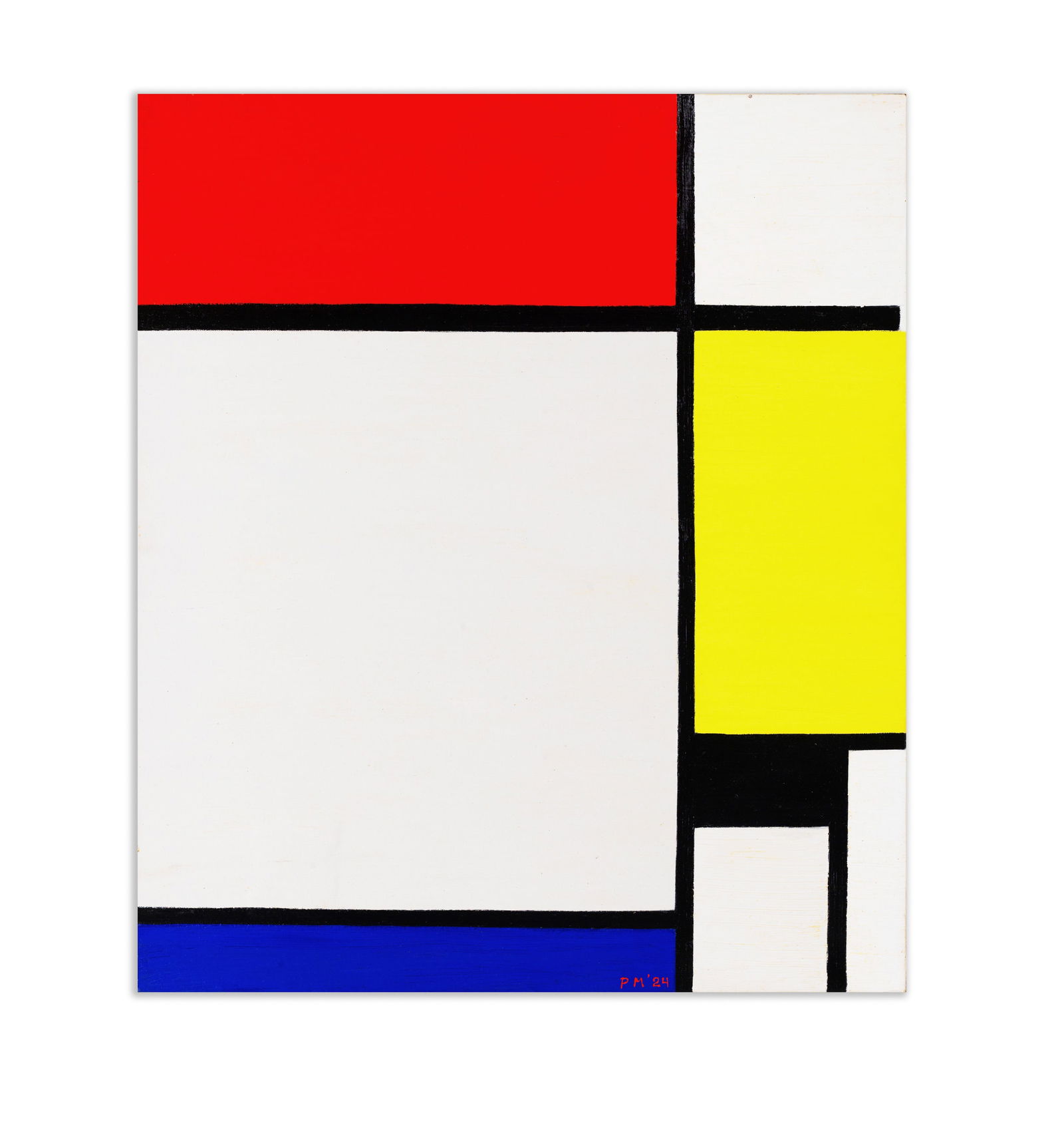 PIET MONDRIAN (1872-1944), ATTRIBUTED TO, ACRYLIC ON CANVAS: The composition features a grid of black intersecting vertical and horizontal lines on a white ground, creating rectangular planes filled with primary colors including red, blue, and