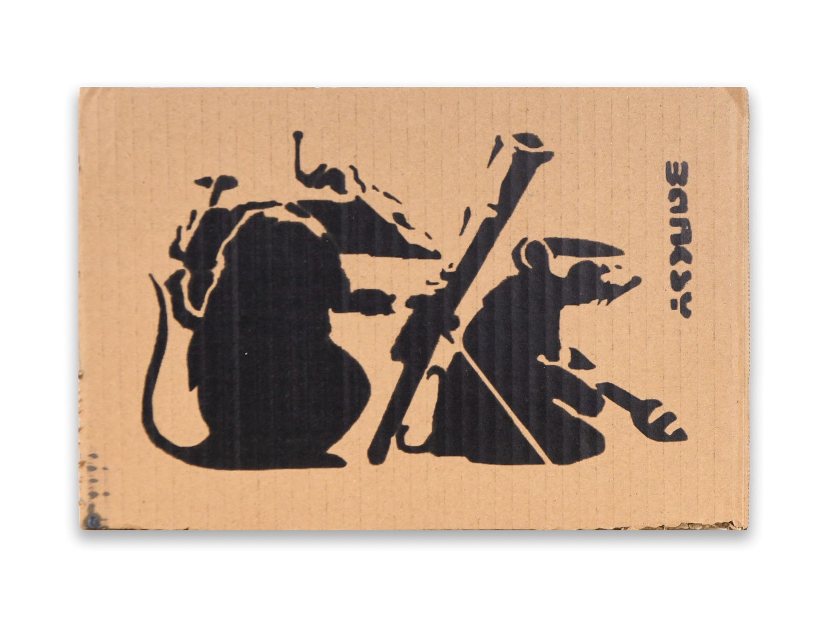 BANKSY, ATTRIBUTED TO, RAT SILHOUETTE STENCIL SPRAY ARTWORK ON CARDBOARD: A stencil spray artwork executed in black paint on a rectangular piece of corrugated cardboard; the composition depicts two stylized rat silhouettes rendered in Banksy's distinctive stencil style,