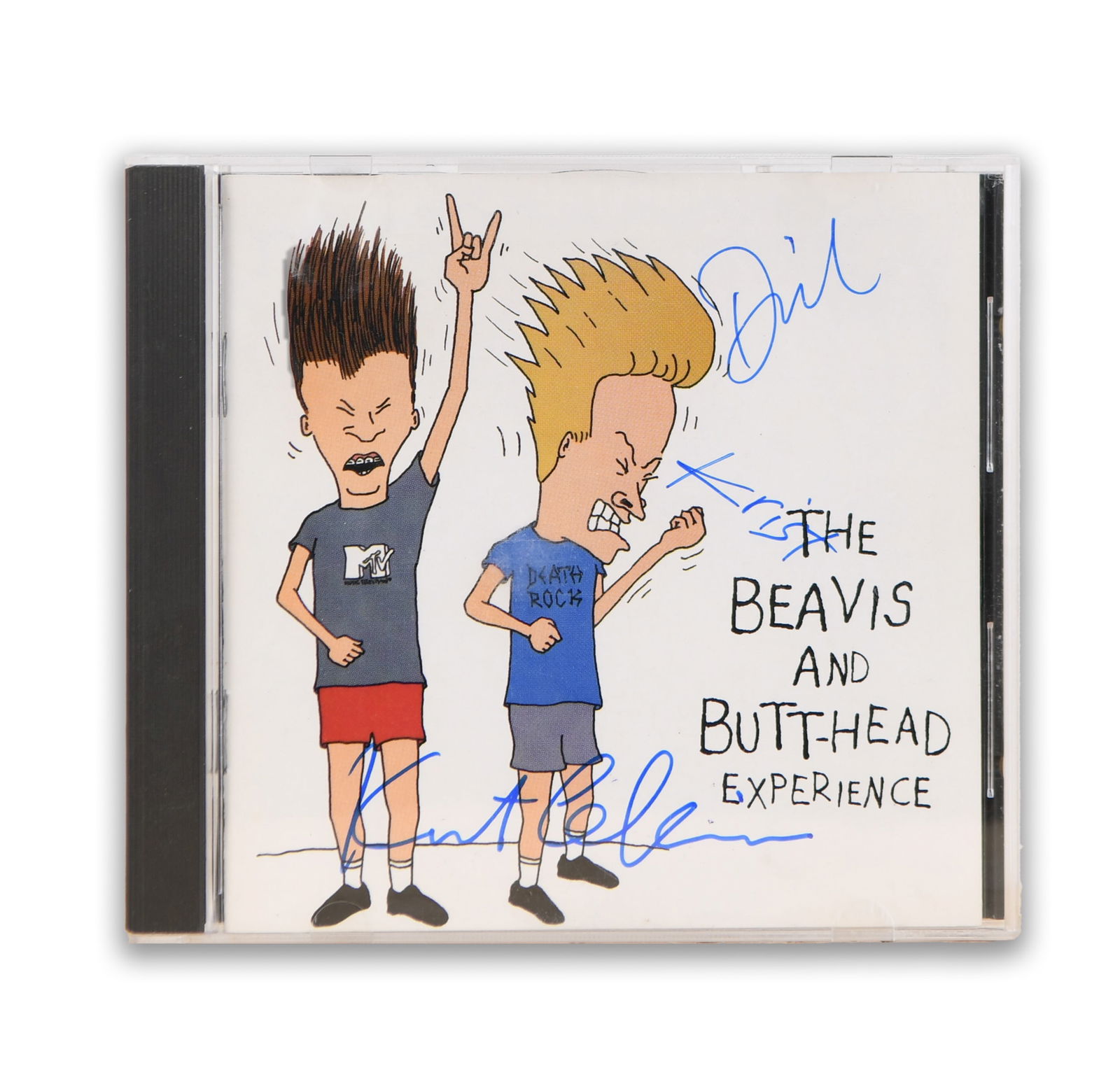 NIRVANA CD ALBUM THE BEAVIS AND BUTT-HEAD EXPERIENCE BEARING THREE SIGNATURES: A CD copy of The Beavis and Butt-Head Experience, a compilation album associated with the MTV animated series Beavis and Butt-Head and released by Geffen Records; the front cover features the