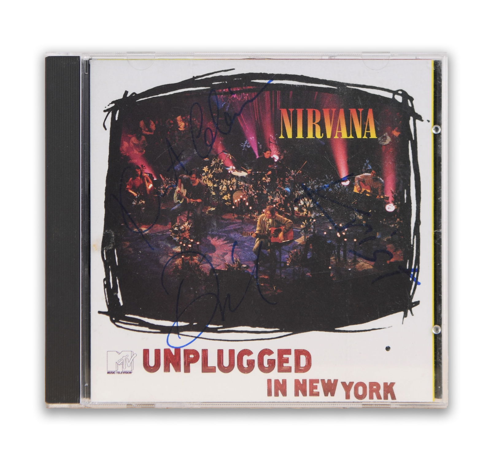 NIRVANA CD ALBUM MTV UNPLUGGED IN NEW YORK BEARING THREE SIGNATURES: A CD copy of MTV Unplugged in New York, the celebrated acoustic live album recorded by Nirvana for the MTV Unplugged television series; the front cover features a photograph of the band performing on