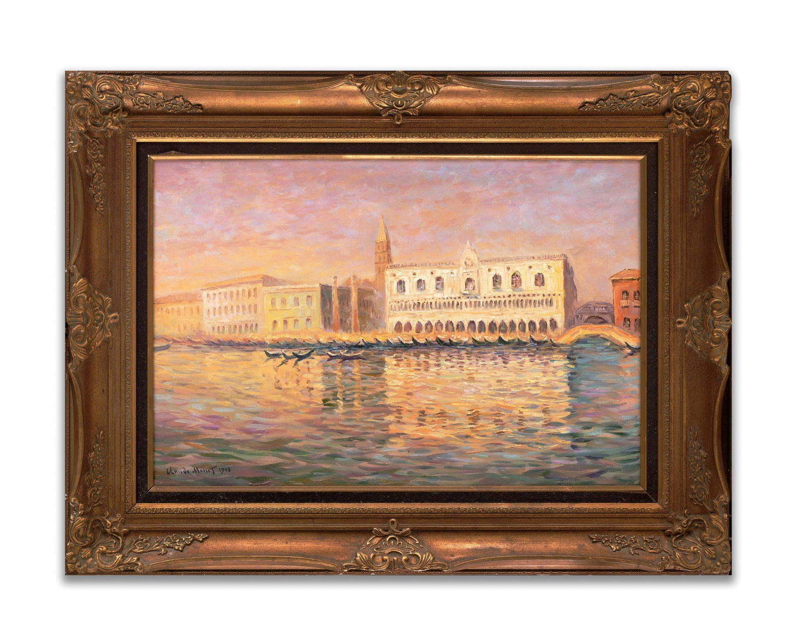 CLAUDE MONET (1840-1926), ATTRIBUTED TO, OIL ON CANVAS: The composition depicts an arcaded waterfront facade in pale ochres rising from a body of water. The surface is rendered with broken brushstrokes in blues, lilacs, and greens, accompanied by a hazy sk