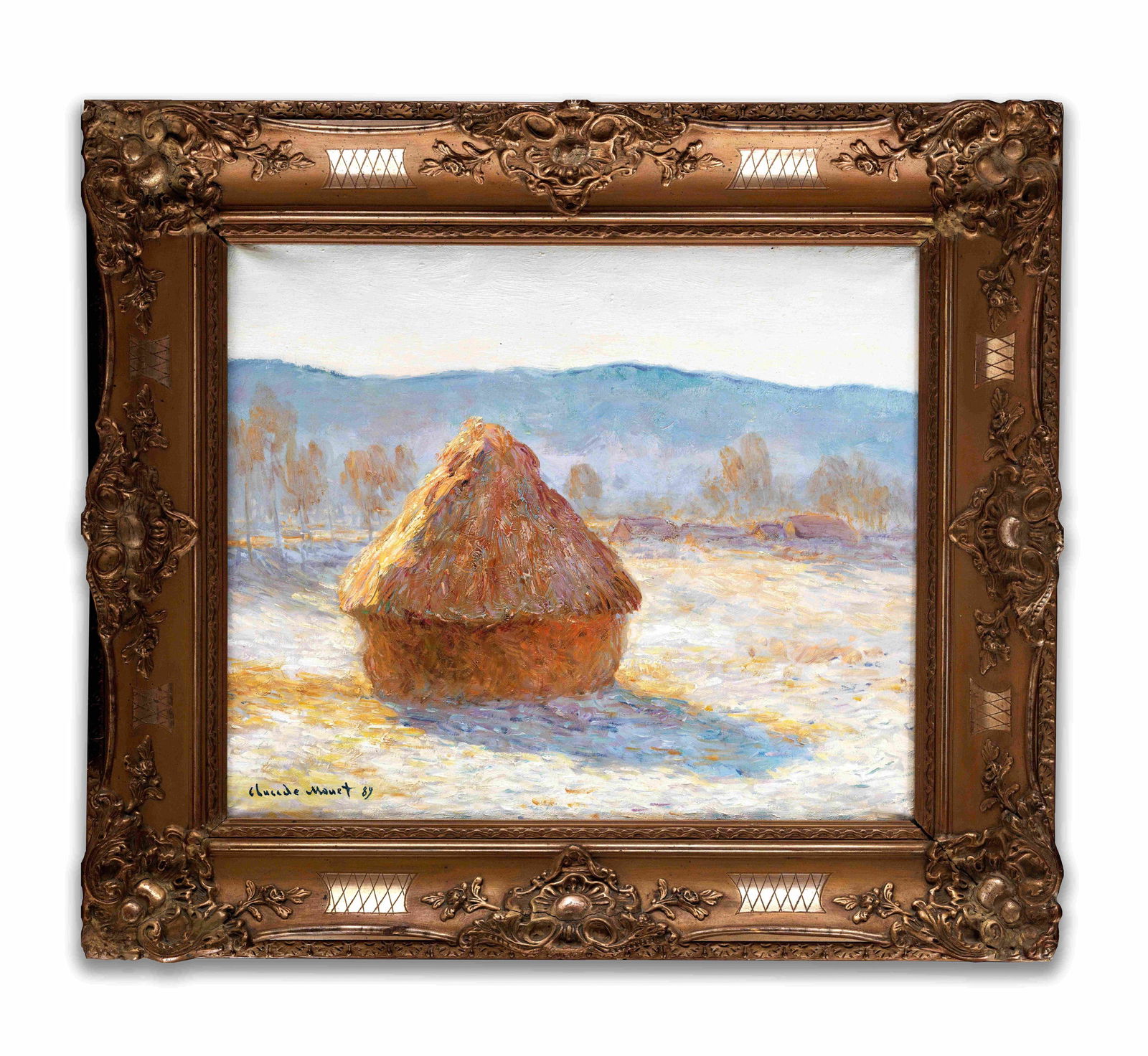 CLAUDE MONET (1840-1926), ATTRIBUTED TO, OIL ON CANVAS: A solitary, conical haystack rises from a snow-laden plain, its warm russet and umber tones built up in dense, tactile strokes that catch the light against the cooler ground. The surrounding field is