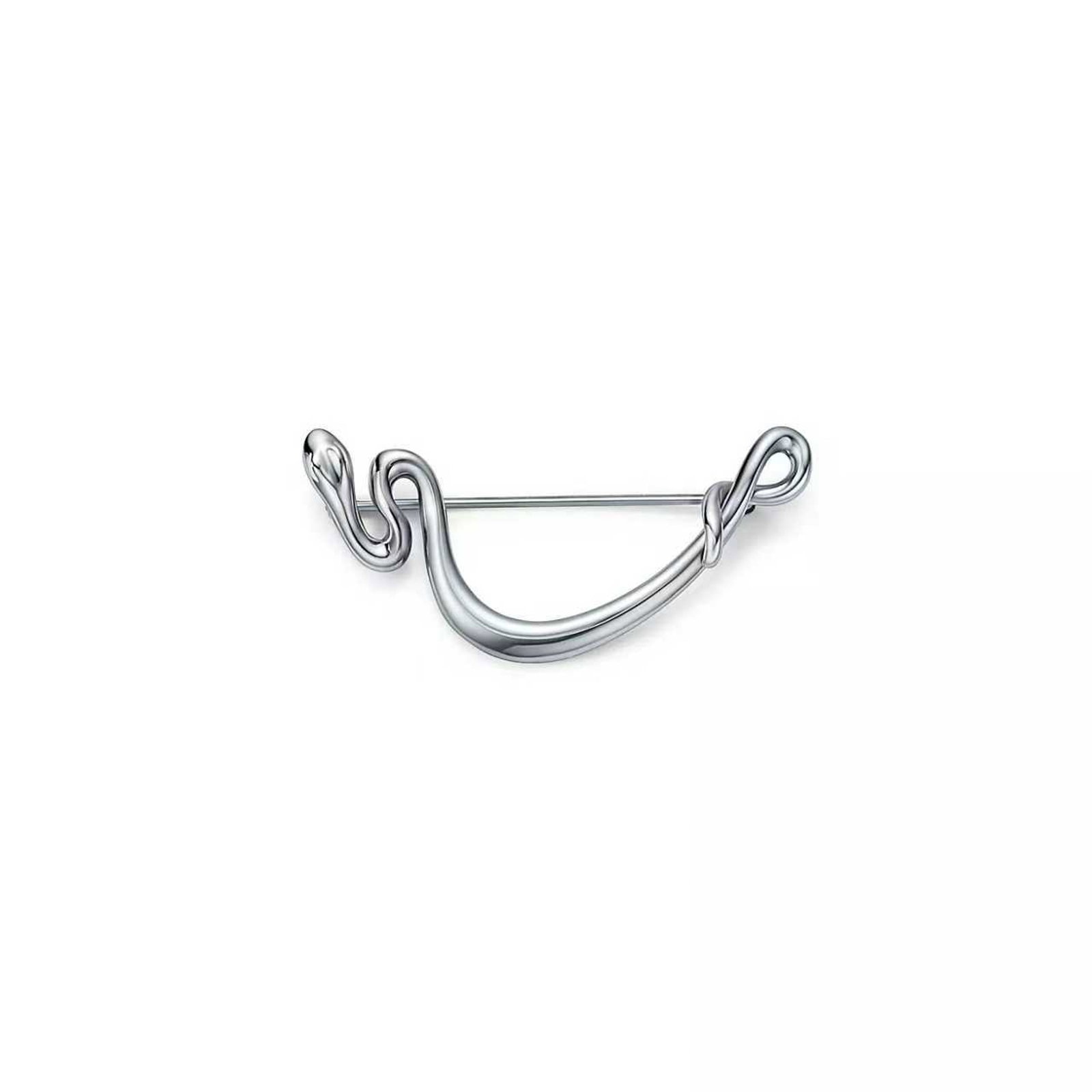 STERLING SILVER SERPENT FORM BROOCH: A brooch crafted in polished silver and designed in the stylized form of a serpent; the body of the snake curves fluidly across the surface, with the head at one end and the tail looping into a