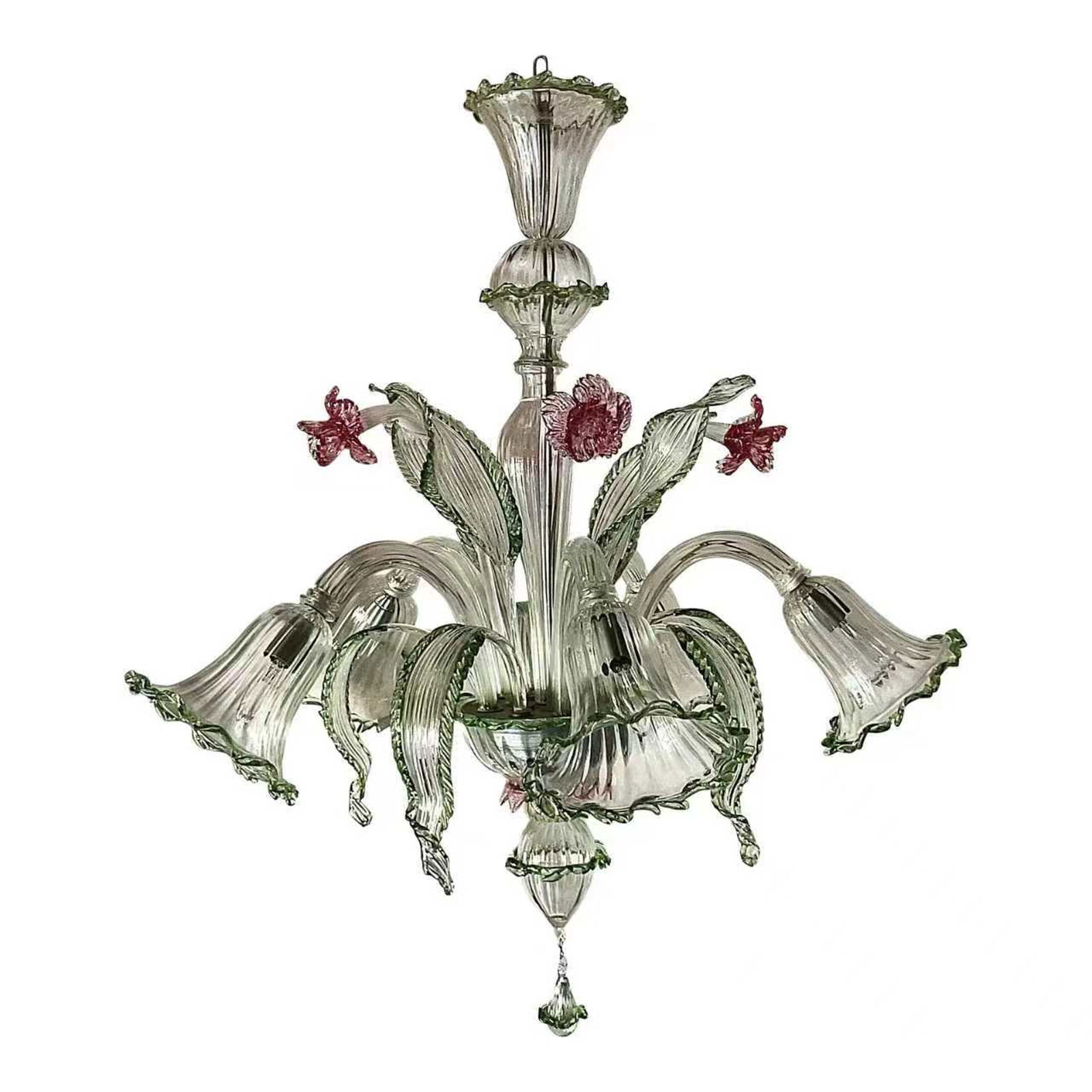 MURANO STYLE HAND-BLOWN GLASS FLORAL CHANDELIER: A decorative chandelier crafted in hand-blown glass and designed in an ornate floral motif; the central stem rises to support multiple gracefully curved arms terminating in bell-shaped shades, each fo