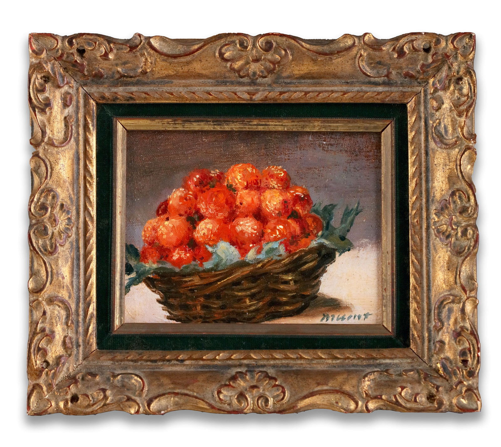 EDOUARD MANET (1832-1883), ATTRIBUTED TO, OIL ON CANVAS: A jewel-like study in color and texture. Centered in the composition is a rustic wicker basket overflowing with ripe, luminous red strawberries, accented by jagged green leaves that provide a strong c
