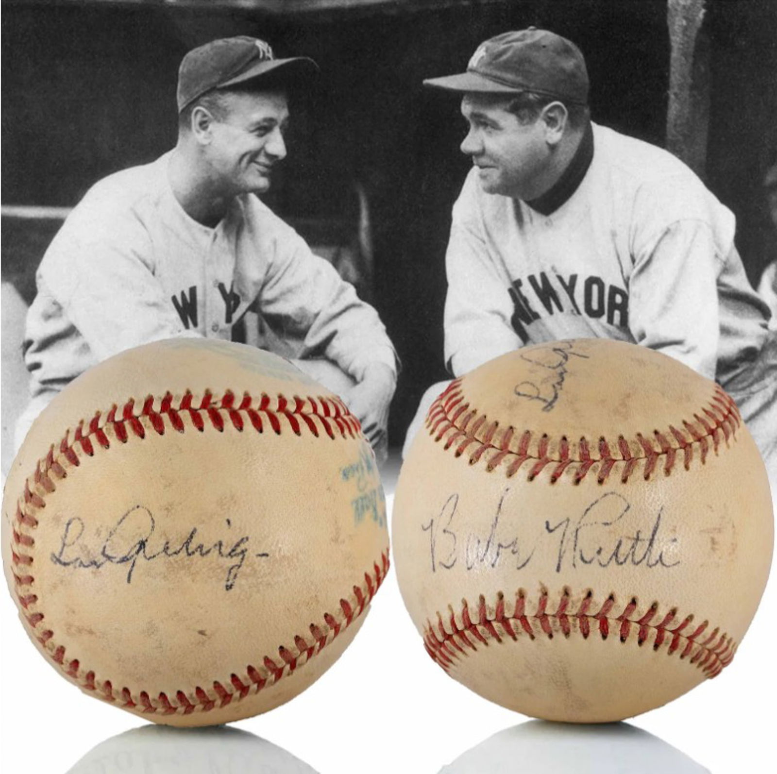 PAIR OF AMERICAN LEAGUE BASEBALLS BEARING SIGNATURES READING 'BABE RUTH' AND 'LOU GEHRIG' (1 of 3)