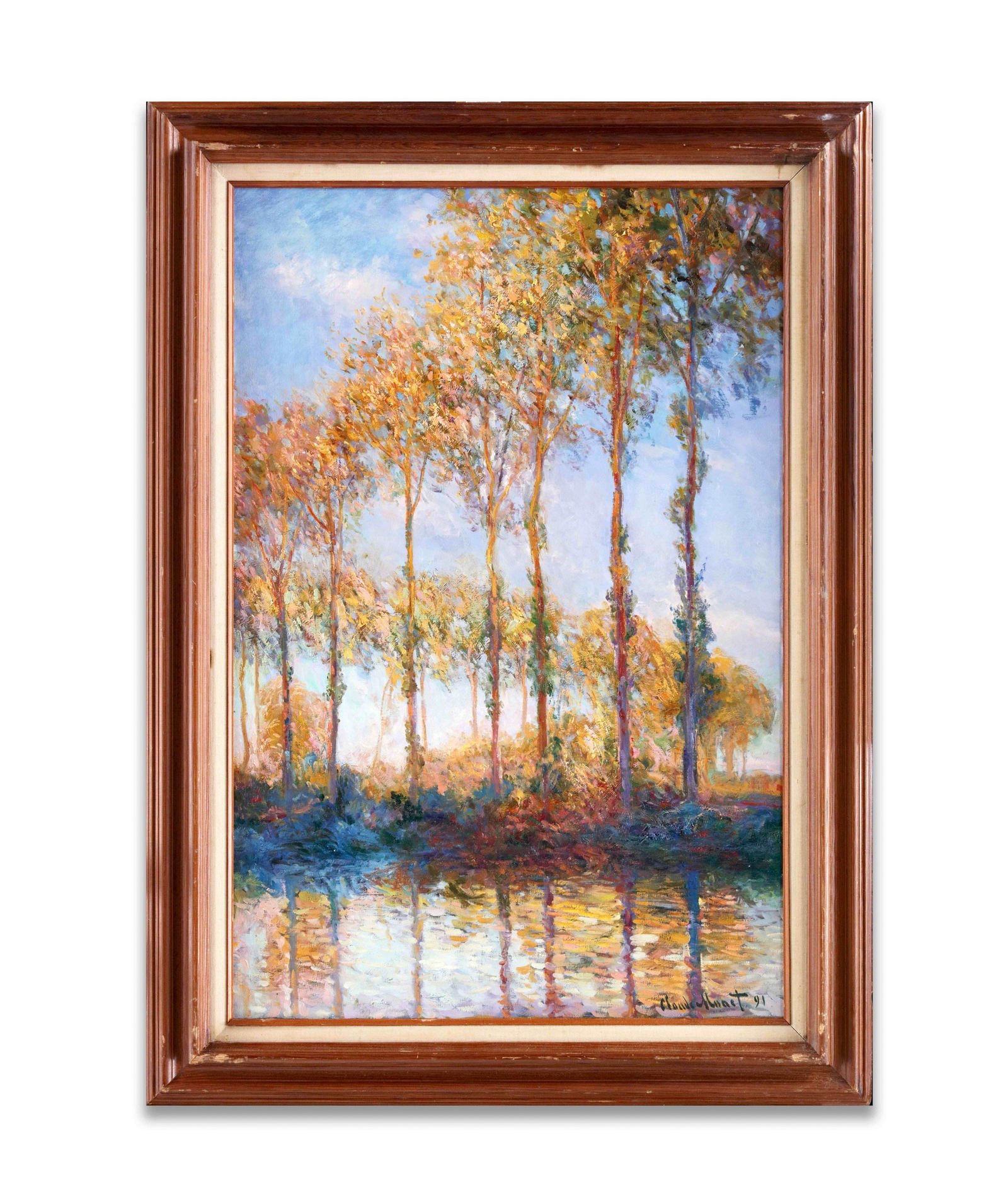 CLAUDE MONET (1840-1926), ATTRIBUTED TO, OIL ON CANVAS: The composition captures the serpentine line of poplar trees along the River Epte near Giverny. The artist employs an "S-curve" composition, where four dominant vertical trunks in the foreground