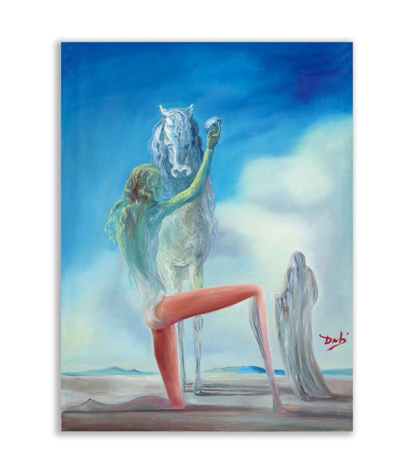 SALVADOR DALI (1904-1989), ATTRIBUTED TO, OIL ON CANVAS: The composition centers on a white unicorn standing motionless upon a desolate plain beneath a vast, layered cerulean sky filled with cloud formations. In the foreground, a long-haired figure interact