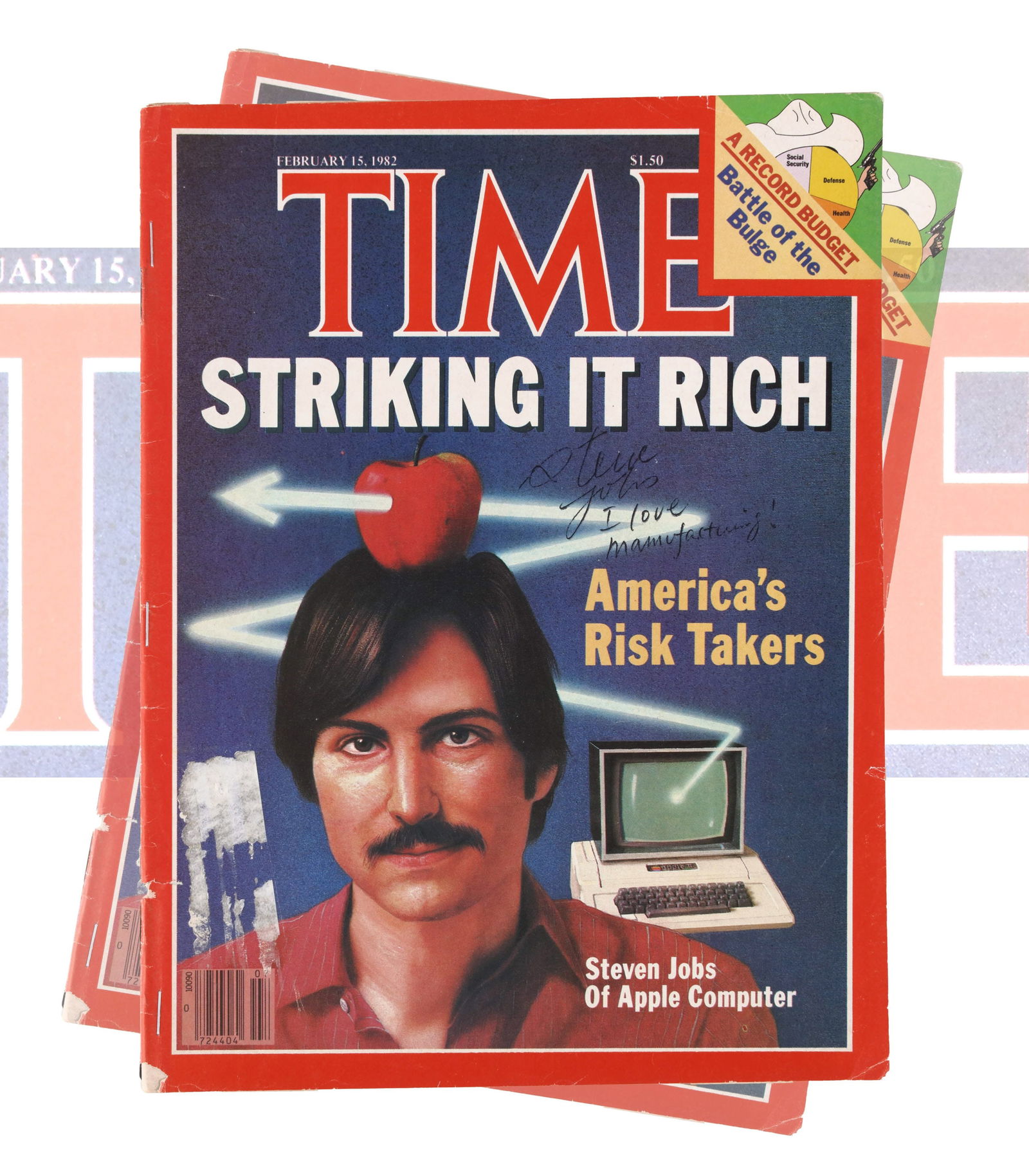 TIME MAGAZINE "STRIKING IT RICH: AMERICA'S RISK TAKERS" (FEBRUARY 16, 1981 ISSUE) BEARING SIGNATURE: Standard magazine format with the iconic red TIME border and cover headline "Striking It Rich: America's Risk Takers", accompanied by early Apple Computer imagery including a monitor and the Apple