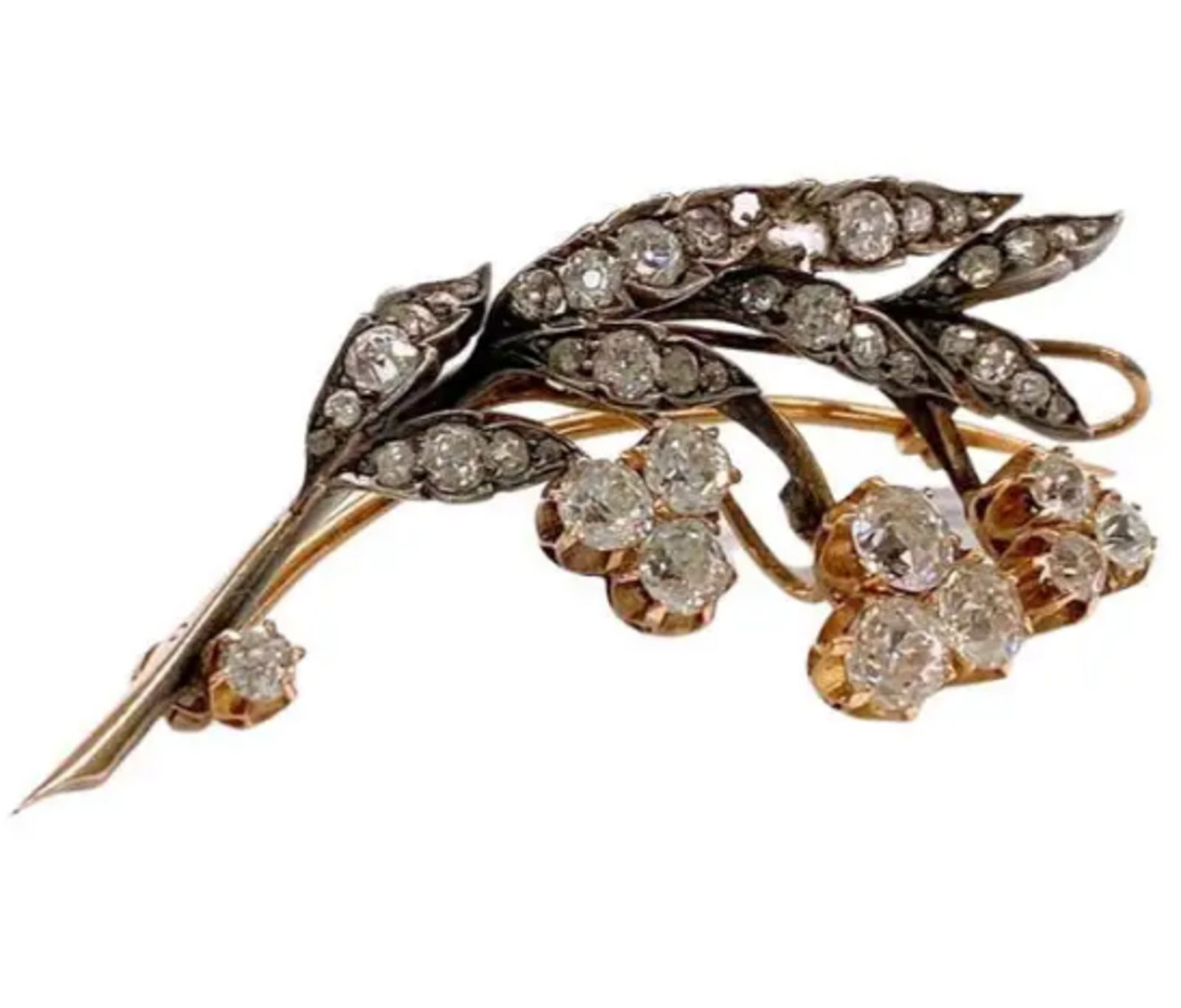 LILY OF THE VALLEY OLD MINE CUT DIAMOND GOLD BROOCH: A lily of the valley style brooch, set with old mine-cut diamonds. Crafted in 14K gold. The brooch bears a 56th gold standard mark, as well as a Cyrillic letter mark and a Moscow identification mark.