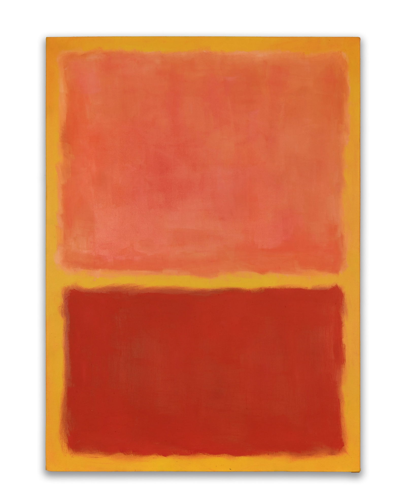 MARK ROTHKO (1903-1970), ATTRIBUTED TO, OIL ON CANVAS: The work presents an abstract composition defined by two horizontally aligned rectangular color fields floating within a surrounding ground, with the upper form rendered in an orange tone while the lo