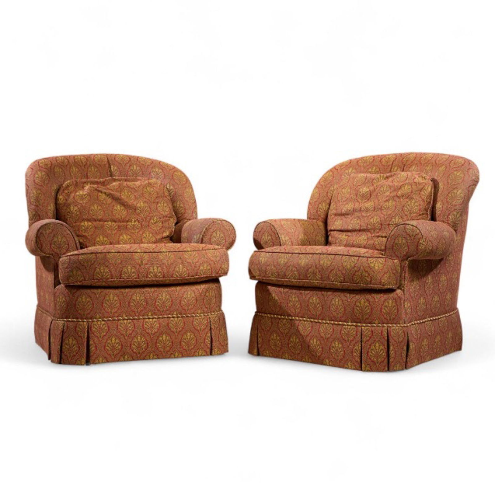 PAIR OF STICKLEY UPHOLSTERED LOUNGE CHAIRS: A pair of upholstered lounge chairs. The chairs feature structural frames and padded upholstery typical of comfortable seating design. The surfaces exhibit standard characteristics of use and