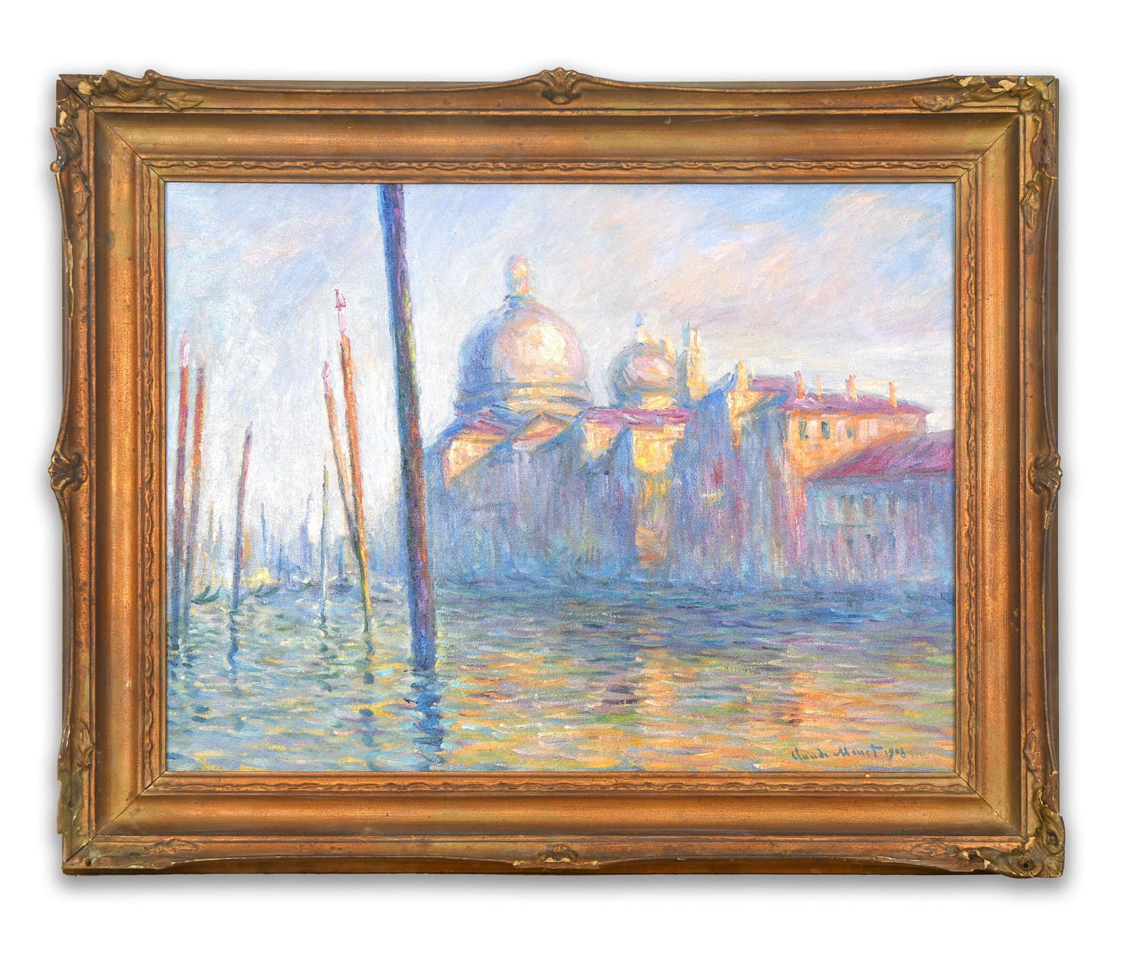 CLAUDE MONET (1840-1926), ATTRIBUTED TO, OIL ON CANVAS: The work presents an atmospheric waterfront scene depicting a domed architectural structure rising along a canal while slender mooring poles extend upward from the water in the foreground, creating a