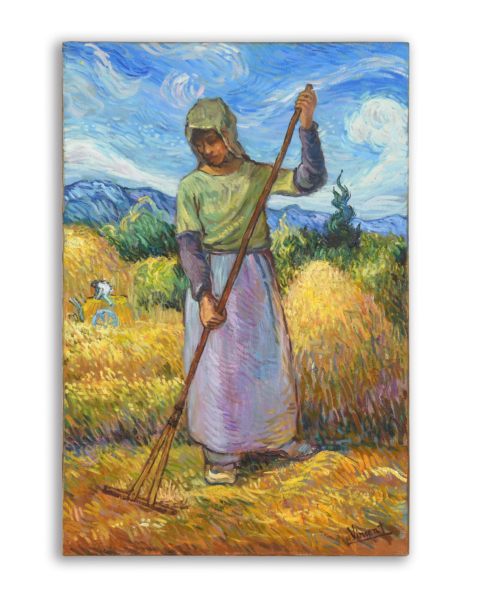 VINCENT VAN GOGH (1853-1890), ATTRIBUTED TO, OIL ON CANVAS: The work presents a vivid rural scene depicting a female agricultural worker standing in a sunlit field while holding a long-handled rake, her posture slightly inclined forward as she gathers the cut