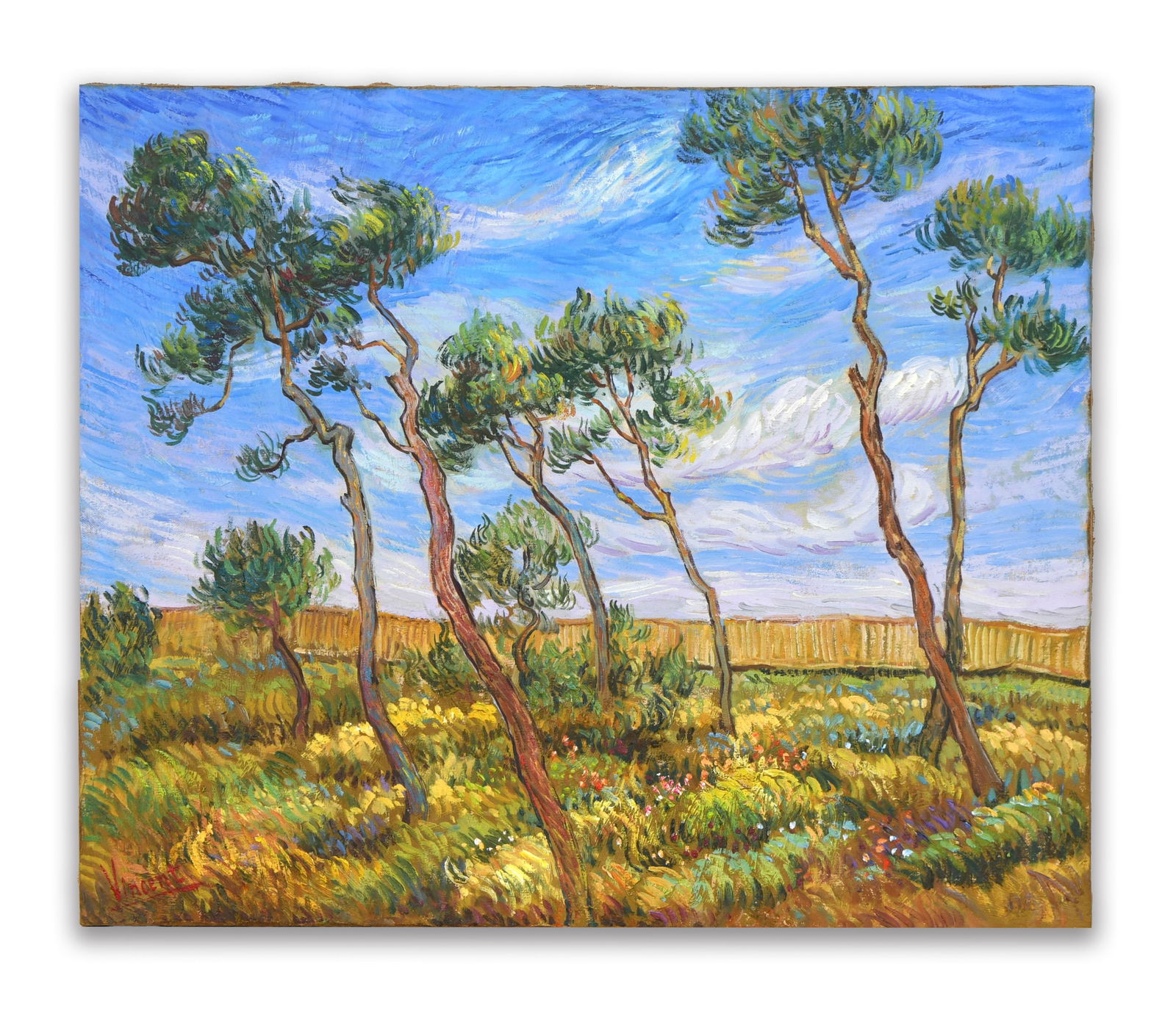 VINCENT VAN GOGH (1853-1890), ATTRIBUTED TO, OIL ON CANVAS: The work presents a vibrant landscape featuring a cluster of tall, slender trees rising from a richly textured field beneath a sweeping sky filled with dynamic brushstrokes, while the trunks lean and