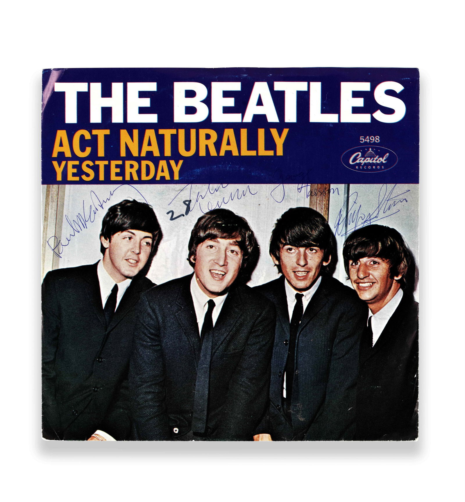 THE BEATLES VINYL SINGLE "ACT NATURALLY / YESTERDAY" (CAPITOL RECORDS, 5498) BEARING FOUR SIGNATURES (1 of 4)