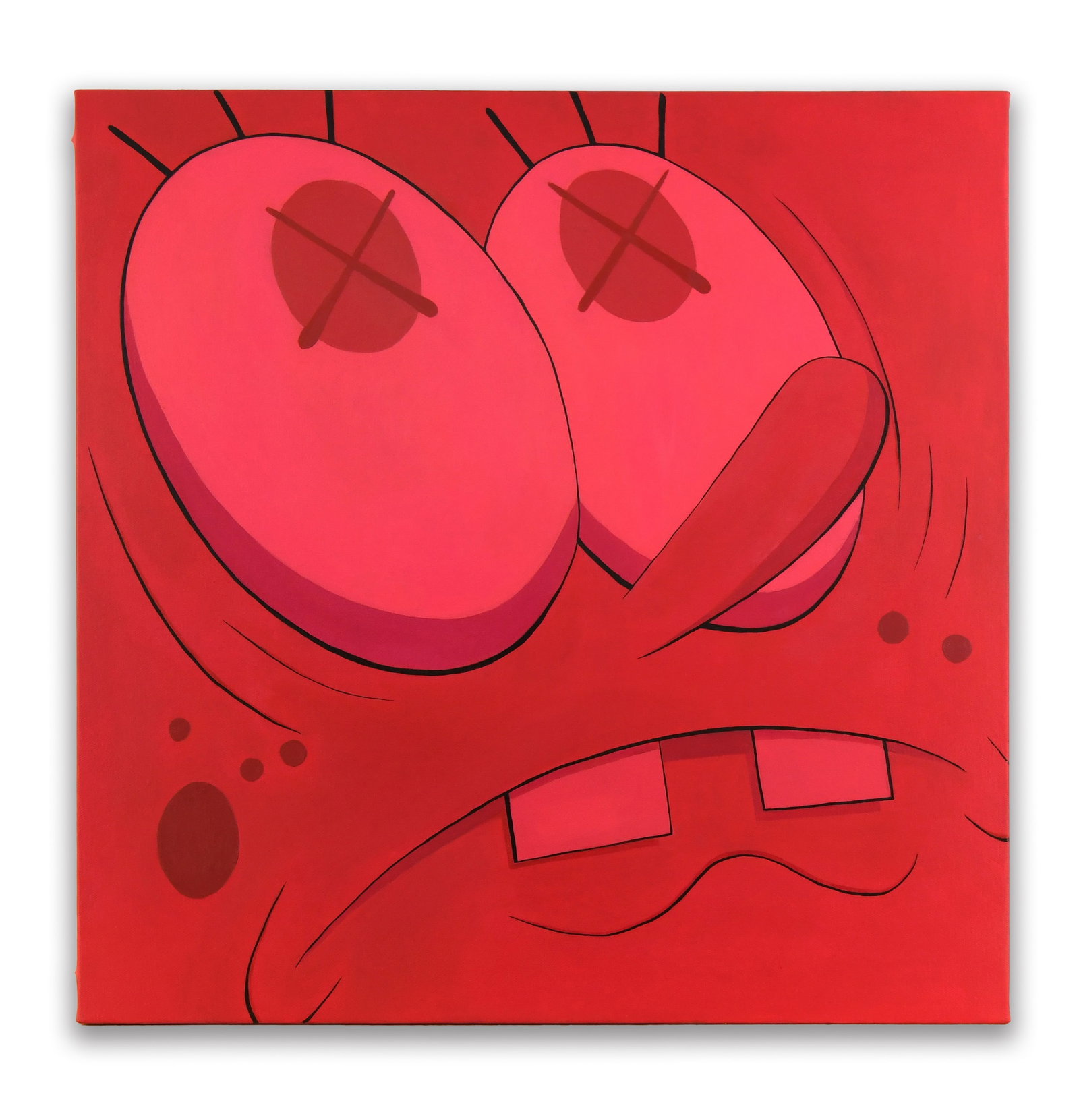 KAWS (B. 1974), ATTRIBUTED TO, ACRYLIC ON CANVAS: The work presents a bold, graphic close-up of a stylized cartoon face rendered almost entirely in vivid red tones, where oversized rounded eyes marked with the artist's signature crossed "X" forms dom