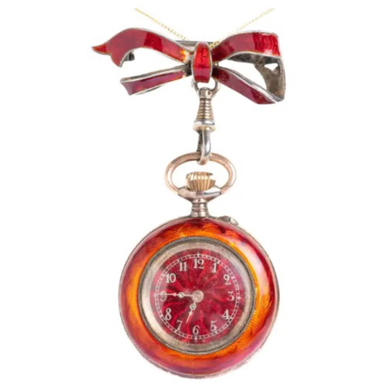 SILVER AND GUILLOCHE ENAMEL PENDANT WATCH WITH BROOCH: An enamel-painted pendant watch equipped with a ribbon brooch. The watch features a pure silver case (standard purity 0.935) adorned with deep red enamel. The enamel background displays engraved sunbu