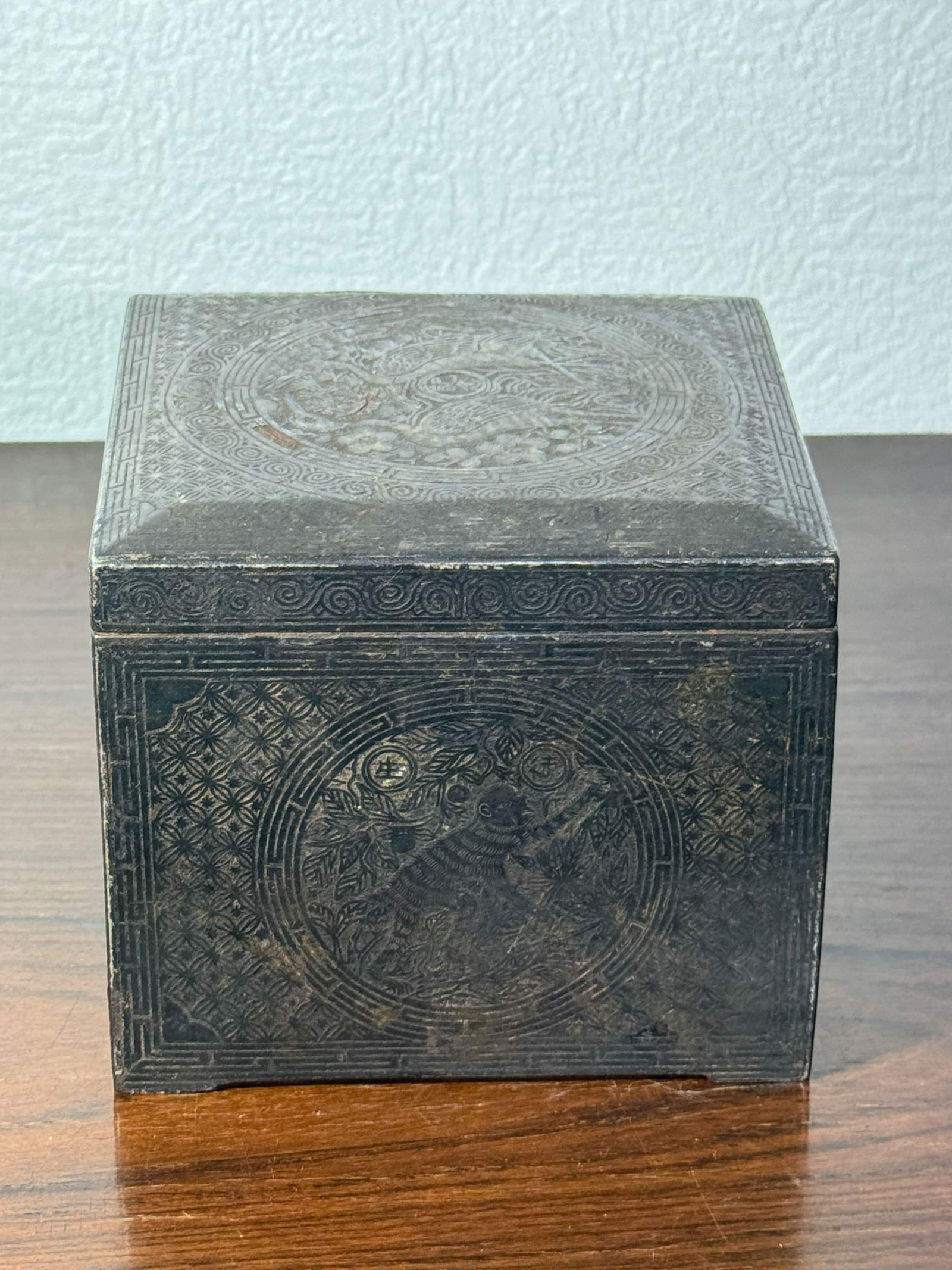 ANTIQUE KOREAN IRON BOX WITH SILVER INLAY: Antique Korean iron box with silver inlay, with various motif, 18/19th cen.Dimensions: Width: 4 in. (10.2 cm); Height: 3.5 in. (8.9 cm)Note: This item is in New York, where it can be shipped from.