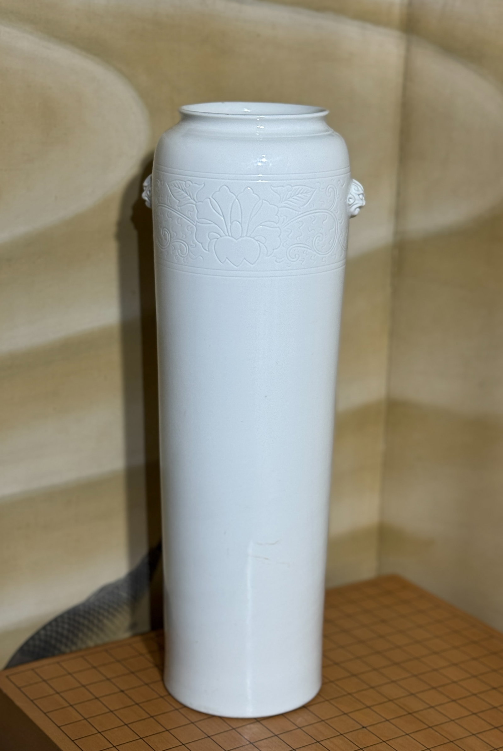 CHINESE DEHUA PORCELAIN VASE WITH FOOLION MASK: Chinese Dehua porcelain vase with foolion mask. Dimensions: Height: 17.7 in. (45.0 cm) Note: This item is in New York, where it can be shipped from.