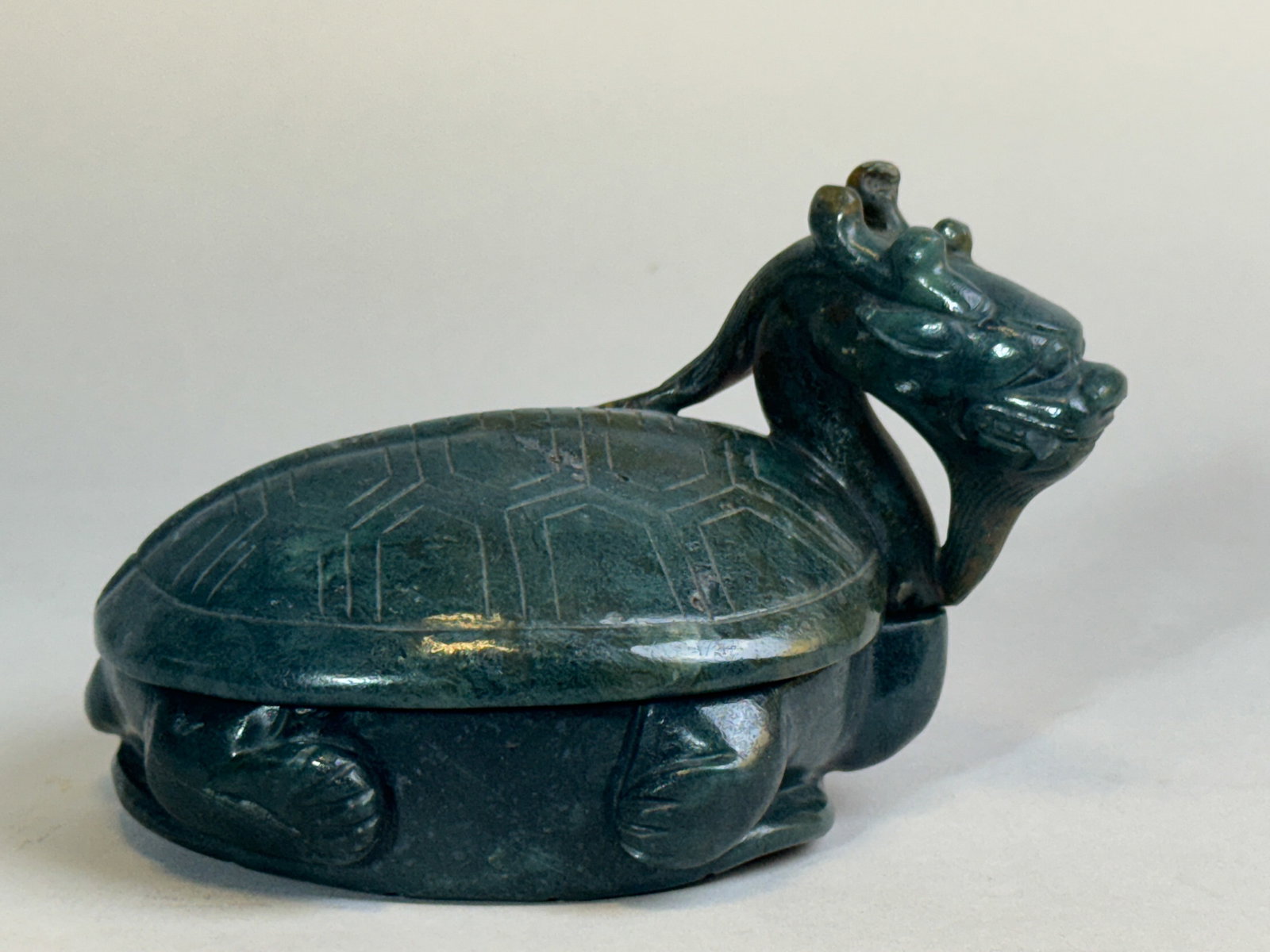 CHINESE MOSS AGATE BOX OF DRAGON HEAD TURTLE SHAPE: Chinese green moss agate box in form of a dragon head turtle, circa 1920. Note: This item is in New York, where it can be shipped from.