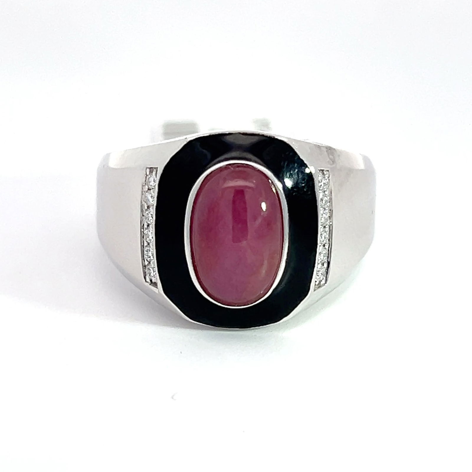 PLATINUM, STAR RUBY AND DIAMOND RING WITH AIGL & GIA: Platinum, Star Ruby and Diamond Ring with AIGL & GIA. 12.8 grams platinum ring set with 0.11 carats of diamonds and 3.82 carats star ruby (AIGL/GIA). Size:10