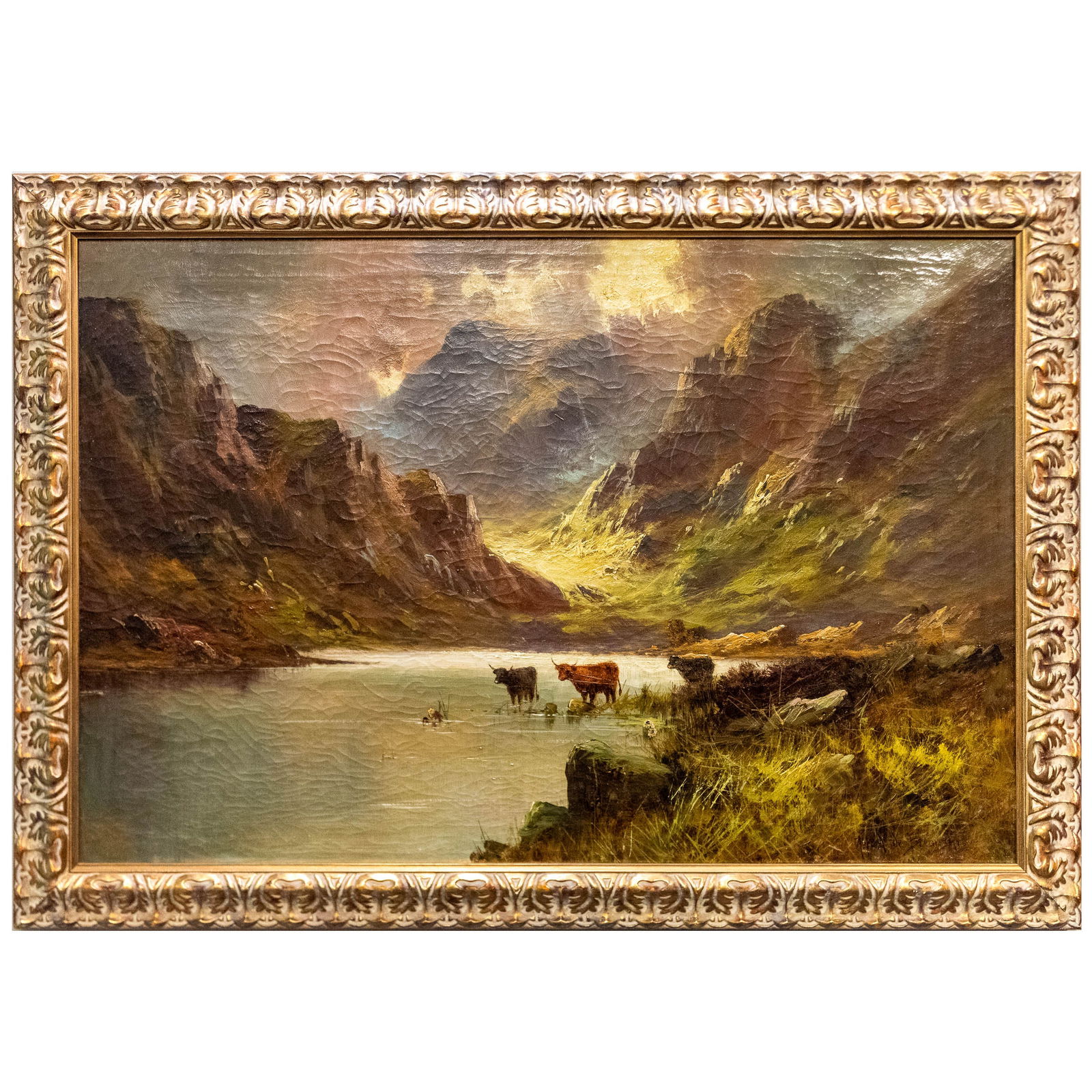 PAINTING, ALFRED DE BREANSKI (BRITISH, 1852-1928): Alfred De Breanski (British, 1852-1928), Cattle at a Loch, oil on canvas, signed lower right "Alfred Breanski", image: 20"h x 30"w (50.80 x 76.20 cm), overall (with frame):