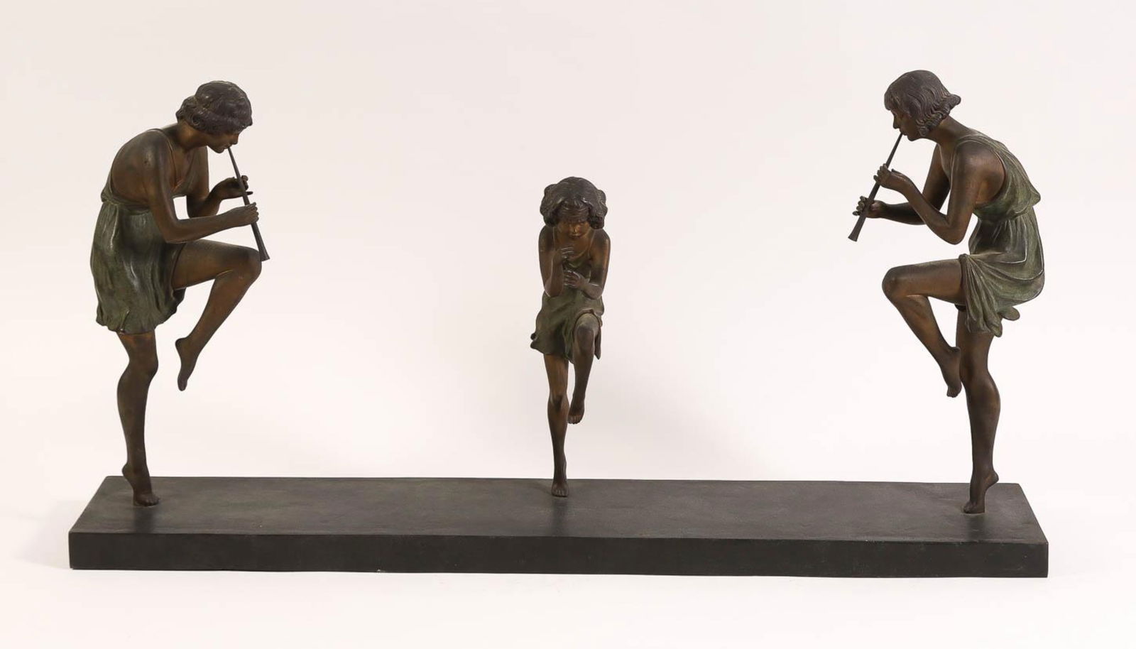 MARCEL BOURAINE (1886-1948), SUSSE FRERES ART DECO PATINATED BRONZE GROUP OF FLUTE PLAYERS: Marcel Bouraine (1886-1948) Susse Freres Art Deco Patinated Bronze Group of Flute Players, signed in the cast on each side of the base, 'Matto sclp' and "Susse Fr Es Paris", and