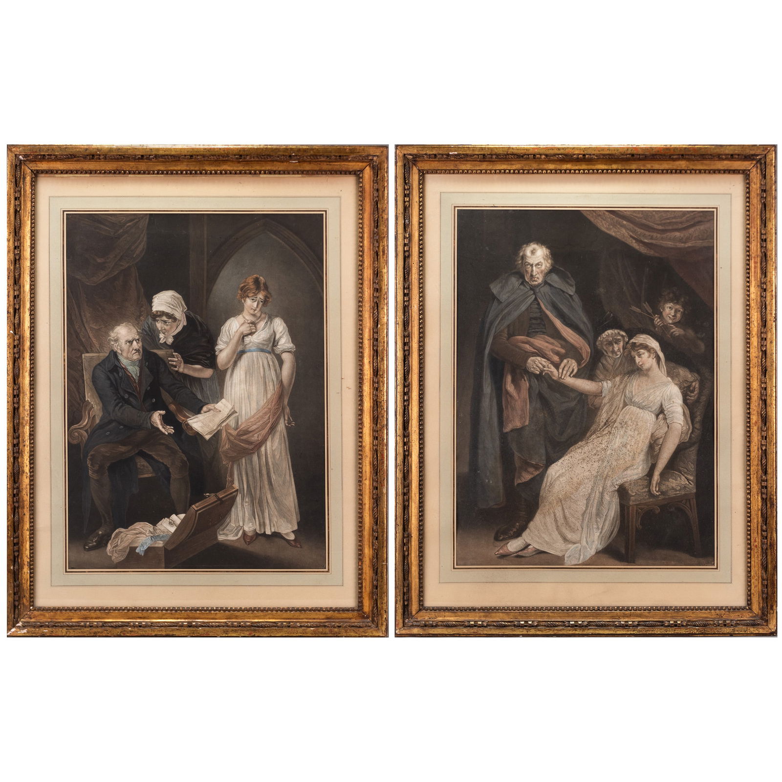 MEZZOTINT WITH HAND COLORING, AFTER JOHN OPIE (BRITISH, 1761-1807): (lot of 2) After John Opie (British, 1761-1807), "The Angry Father" and "Doctor Tending to a Lovesick Woman," mezzotints with hand coloring, overall (with frame, for each):