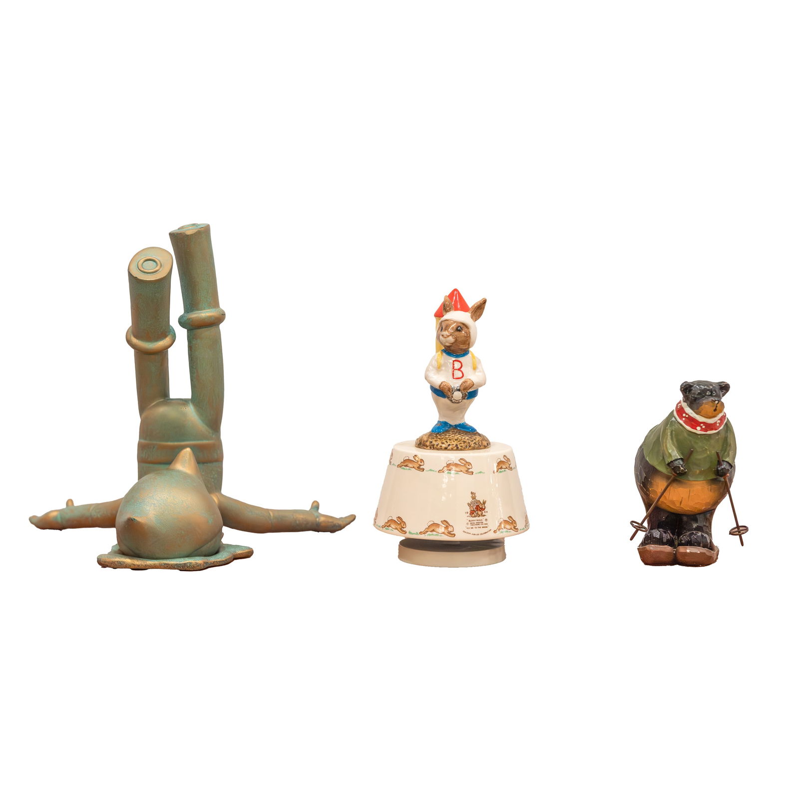 ROYAL DOULTON MUSIC BOX, CONTEMPORRY ASTRO BOY SCULPTURE AND WOOD CARVED BEAR: Royal Doulton Music Box, contemporry Astro Boy sculpture and wood carved bear. Sell as is. Astro Boy: 8.86"h x 9.65"w x 7.09"l (22.5 x 24.5 x 18 cm), Bear: 4.72"h x 3.15"w x