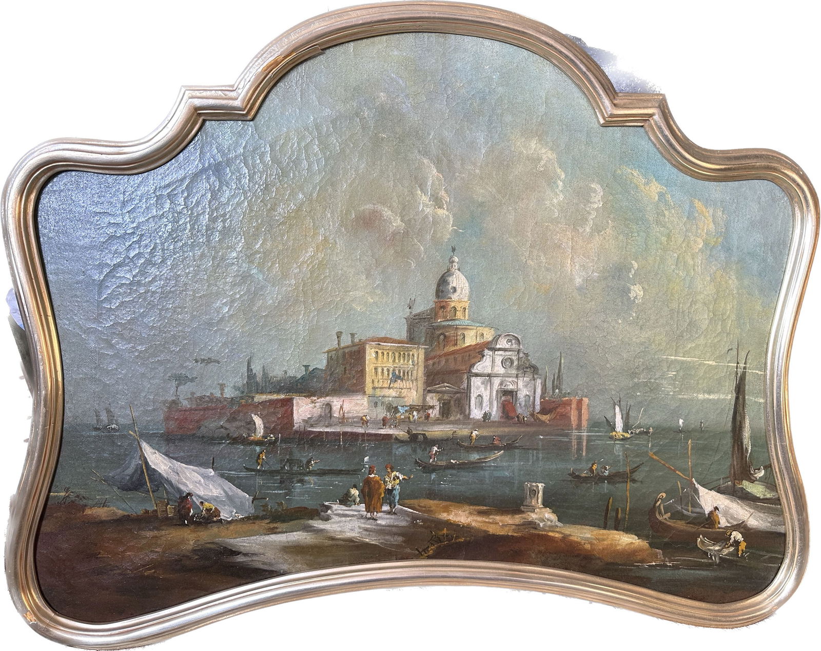 A CONTINENTAL OIL PAINTING OF A VENETIAN HARBOR SCENE: A Continental oil painting of a Venetian harbor scene, 19th century. Dimensions: Sight: 36 x 26 in. (91.4 x 66 cm).