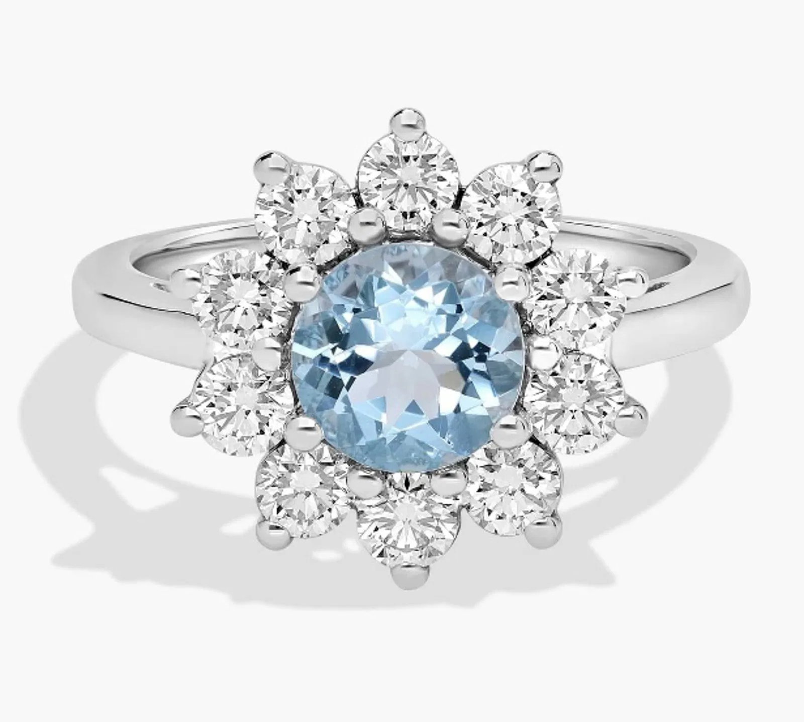 14K WHITE GOLD, AQUAMARINE AND DIAMOND HALO RING (1 of 1)