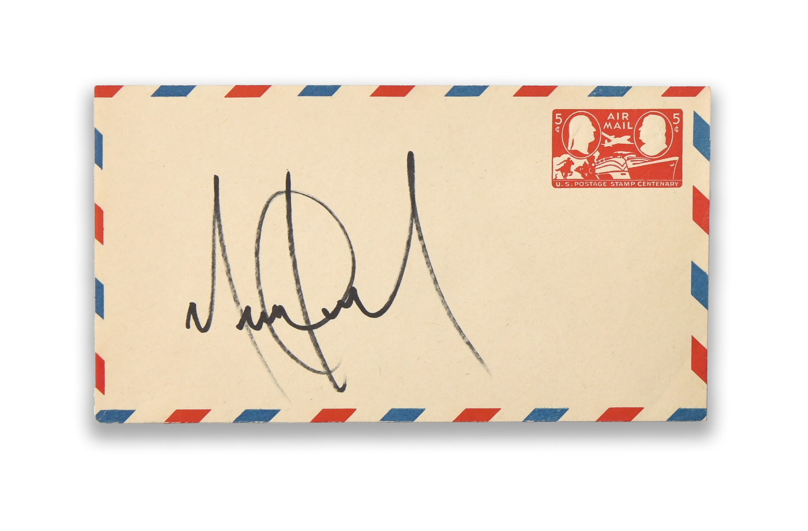 AIRMAIL ENVELOPE BEARING SIGNATURE ATTRIBUTED TO MICHAEL JACKSON: A period airmail envelope bearing an ink mark attributed to Michael Jackson across the center. The envelope retains an airmail border and period stamp.