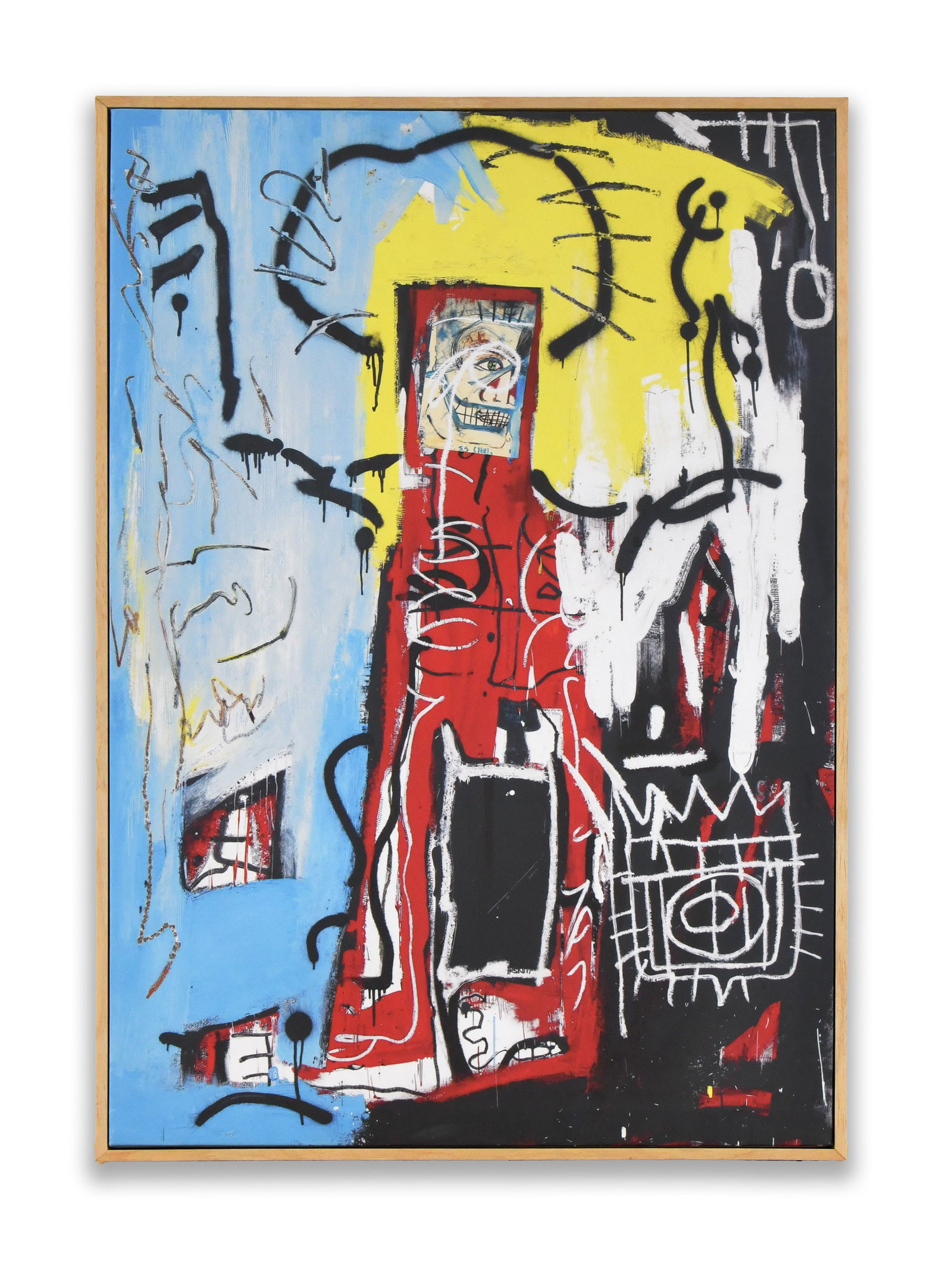 JEAN-MICHEL BASQUIAT (1960-1988), ATTRIBUTED TO, ACRYLIC ON CANVAS: The composition is vertically structured, dominated by a red central figure with skeletal and mask-like facial elements. Surrounding areas are divided into fields of blue, yellow, black, and white, ov
