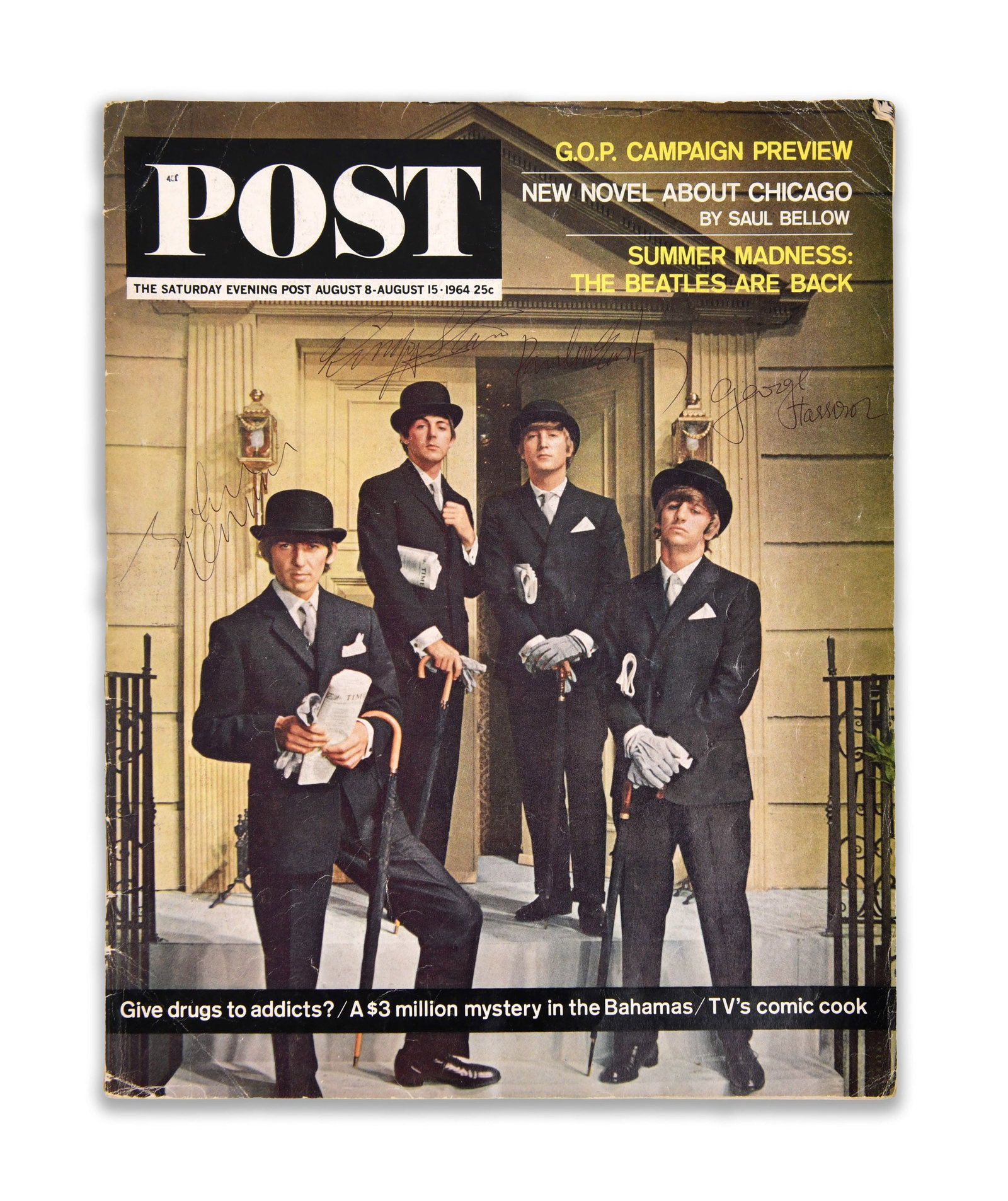 MAGAZINE "THE SATURDAY EVENING POST" BEARING SIGNATURES ATTRIBUTED TO THE BEATLES: The cover depicts the band dressed in formal attire with bowler hats, beneath the "POST" masthead and accompanying headlines. The upper portion bears multiple ink marks attributed to members of the gr