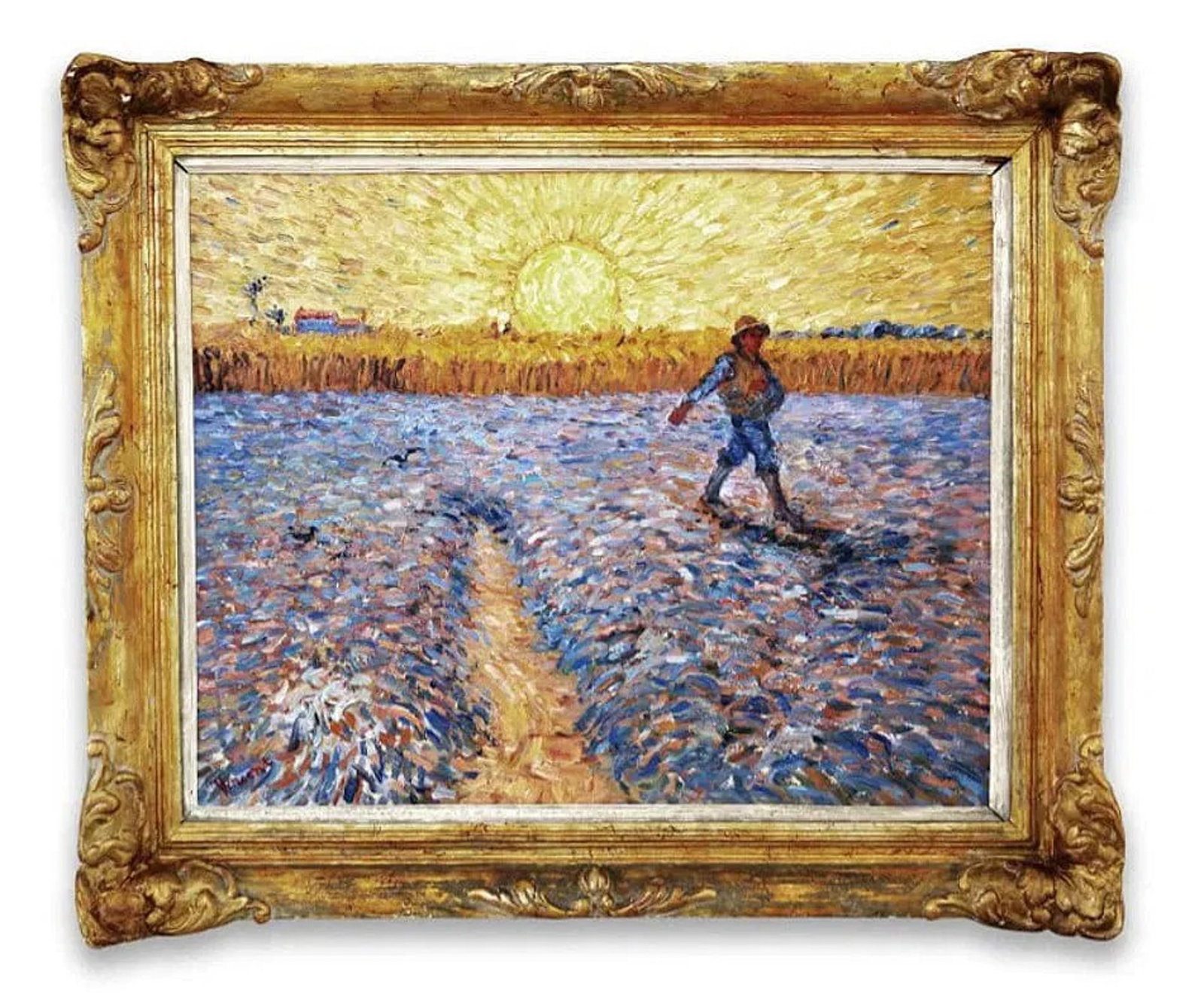 VINCENT VAN GOGH (1853-1890), IN THE STYLE OF, OIL ON CANVAS: Oil on canvas. The composition depicts a solitary figure walking across a cultivated field beneath a low-hanging sun. The landscape is constructed through dense, directional brushstrokes using blues,